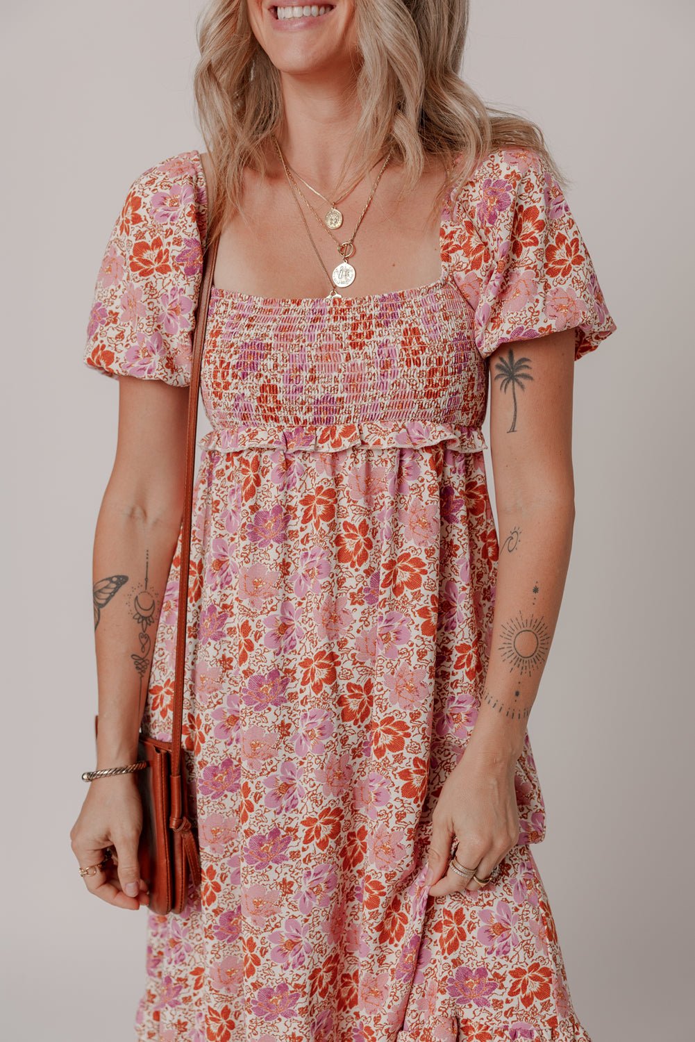 Pink Floral Square Neck Knotted Ruffle Midi Dress - MAD RUFFI