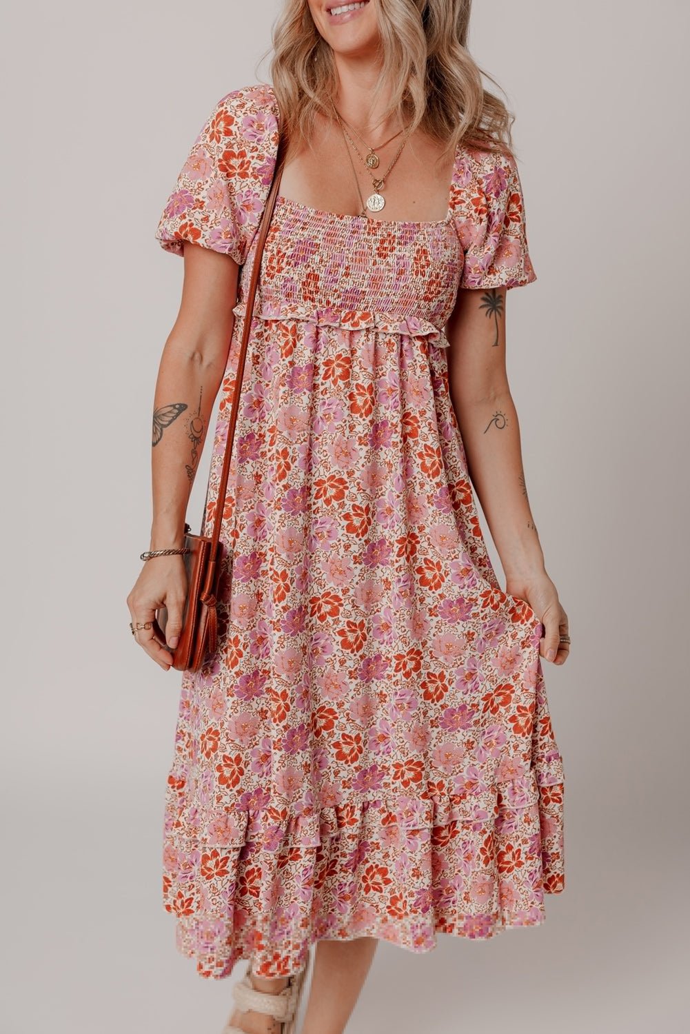 Pink Floral Square Neck Knotted Ruffle Midi Dress - MAD RUFFI