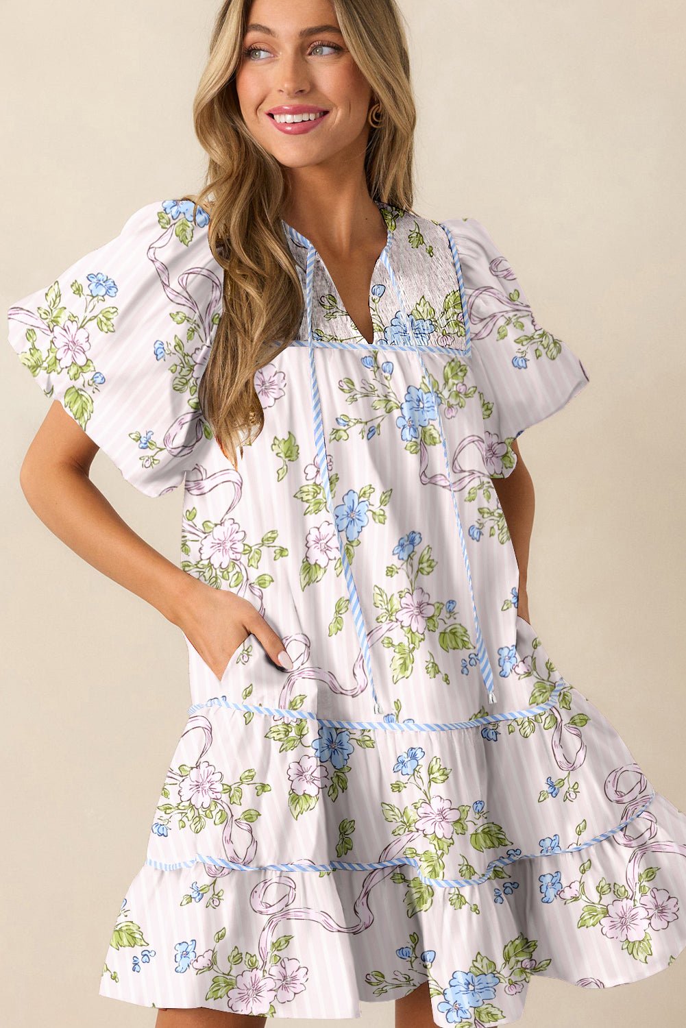 Pink Floral Striped Print Contrast Trim Tie Split Neck Mini Dress - MAD RUFFI