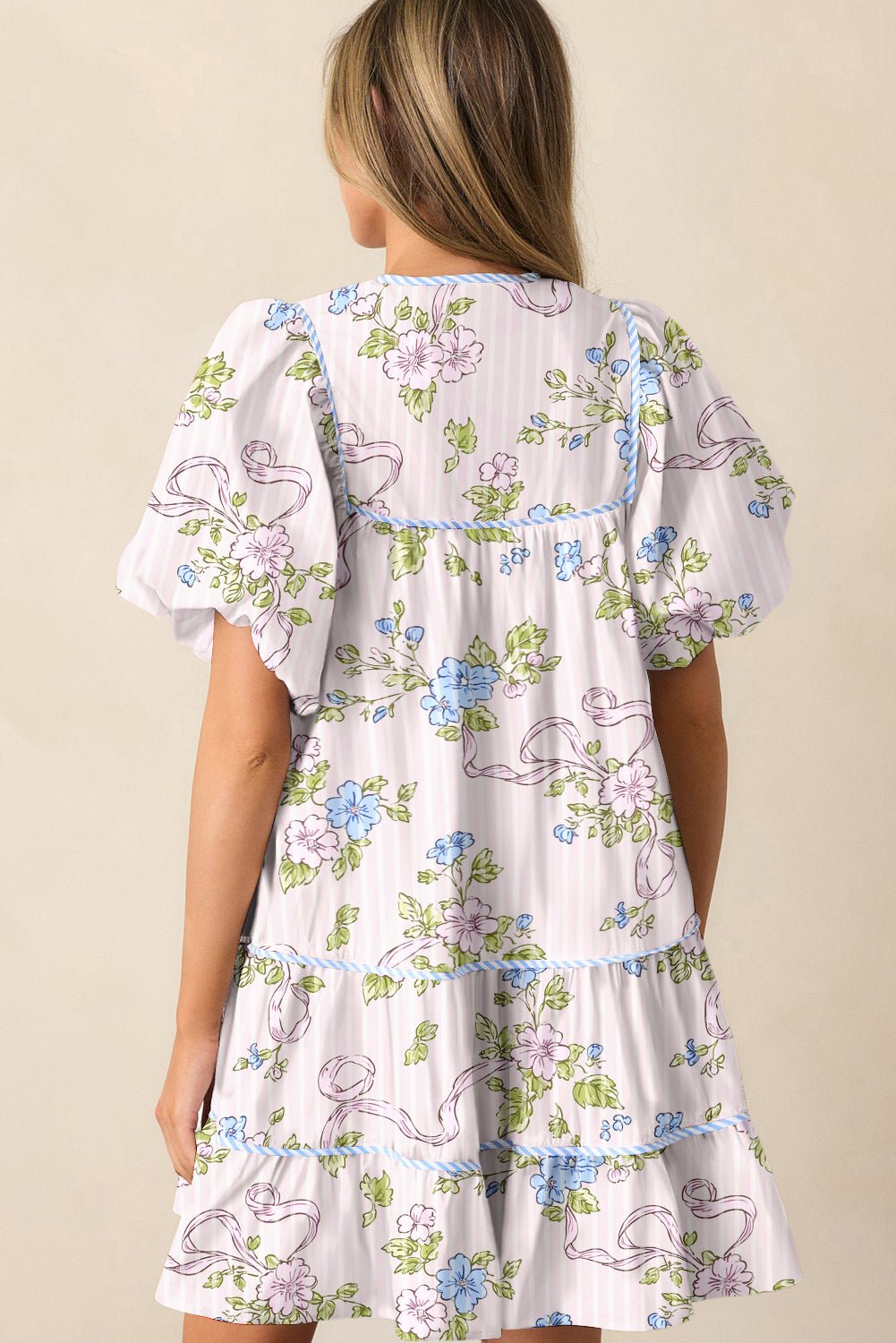 Pink Floral Striped Print Contrast Trim Tie Split Neck Mini Dress - MAD RUFFI