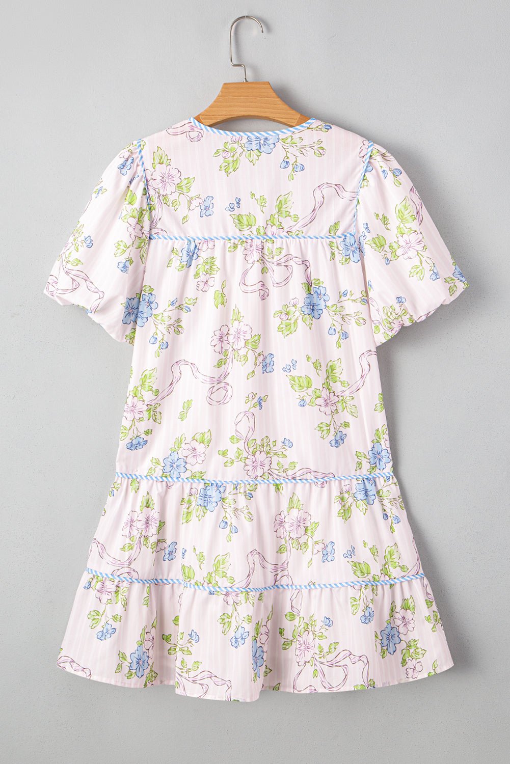 Pink Floral Striped Print Contrast Trim Tie Split Neck Mini Dress - MAD RUFFI