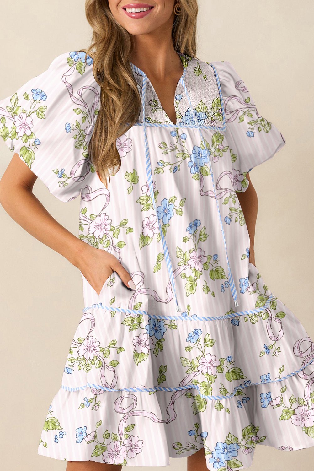 Pink Floral Striped Print Contrast Trim Tie Split Neck Mini Dress - MAD RUFFI