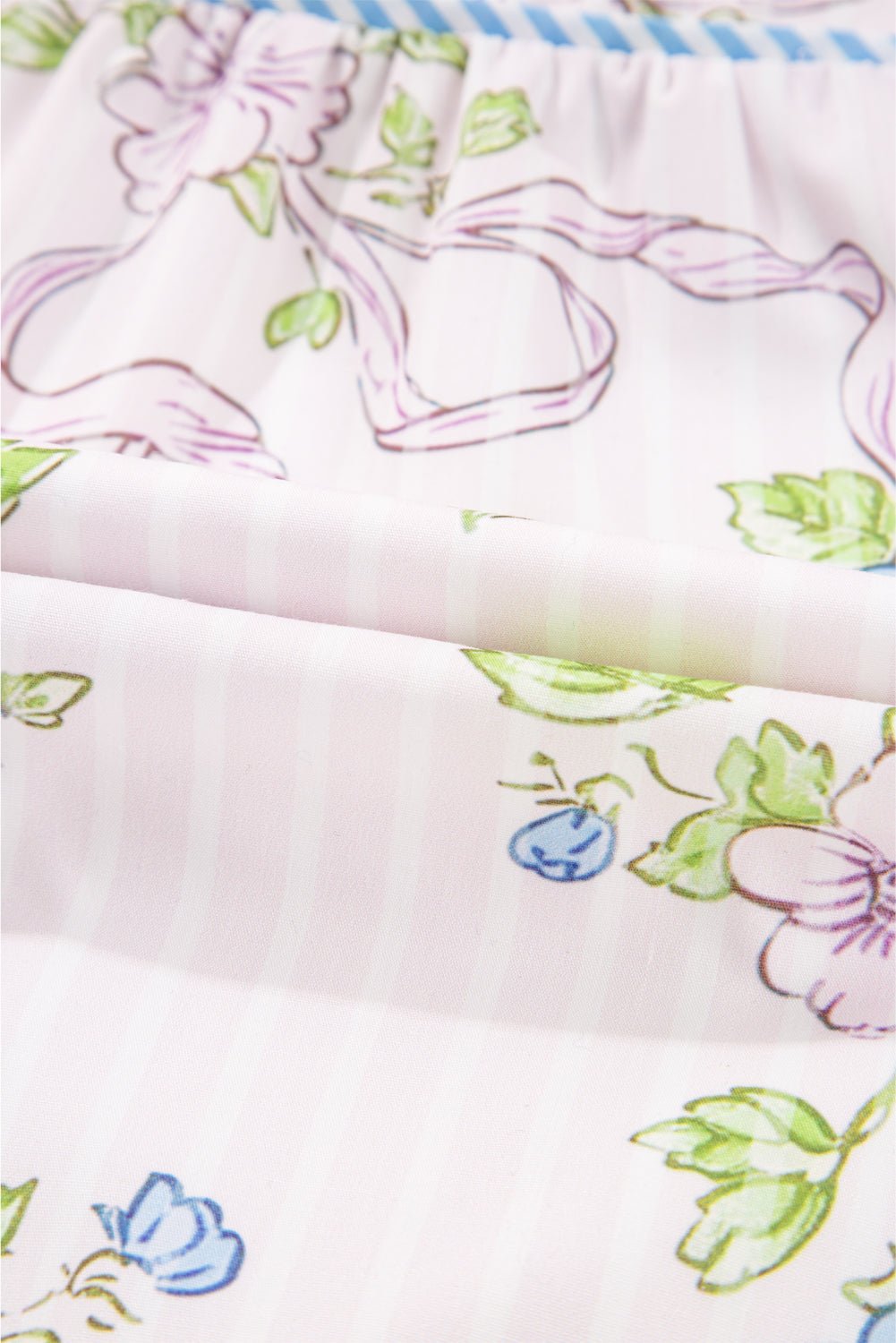 Pink Floral Striped Print Contrast Trim Tie Split Neck Mini Dress - MAD RUFFI