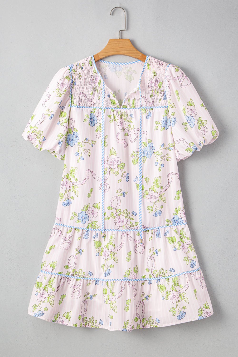 Pink Floral Striped Print Contrast Trim Tie Split Neck Mini Dress - MAD RUFFI