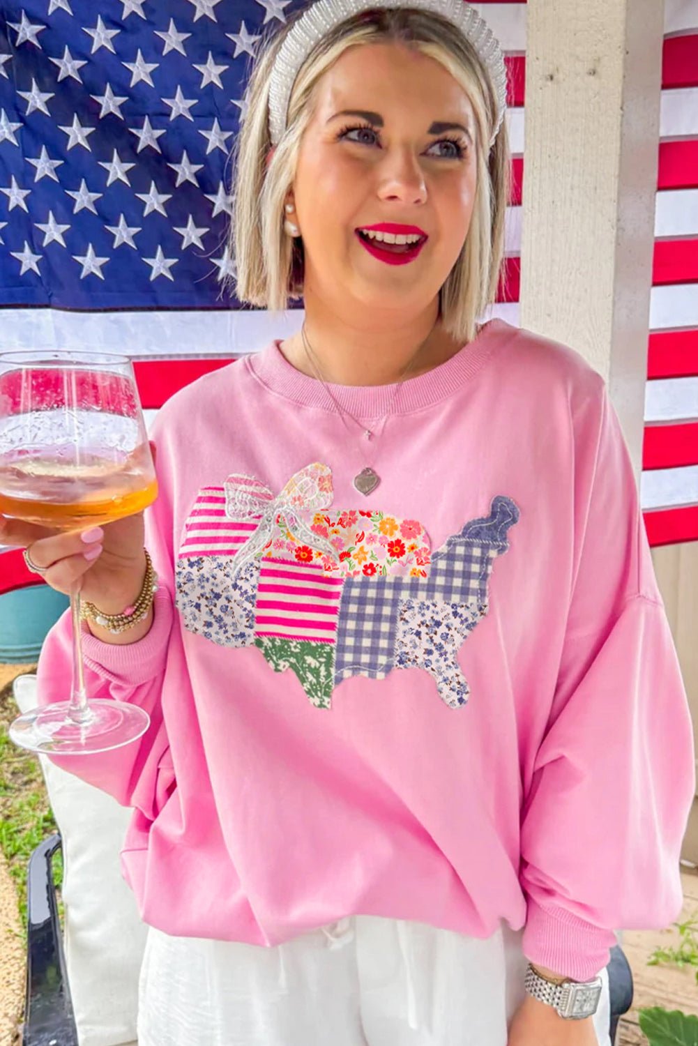 Pink Floral USA Map Patched Graphic Patriotic Sweatshirt - MAD RUFFI