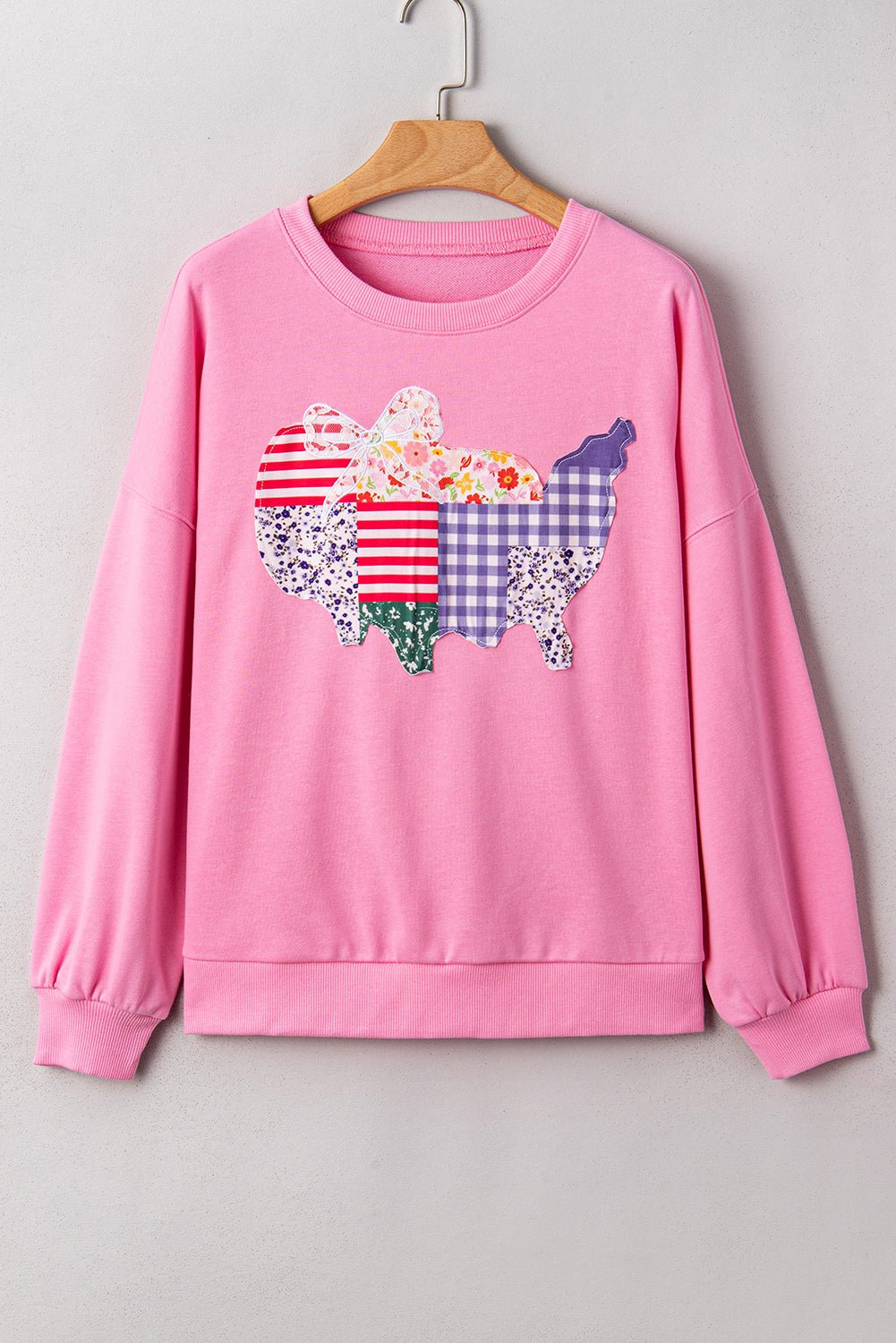 Pink Floral USA Map Patched Graphic Patriotic Sweatshirt - MAD RUFFI
