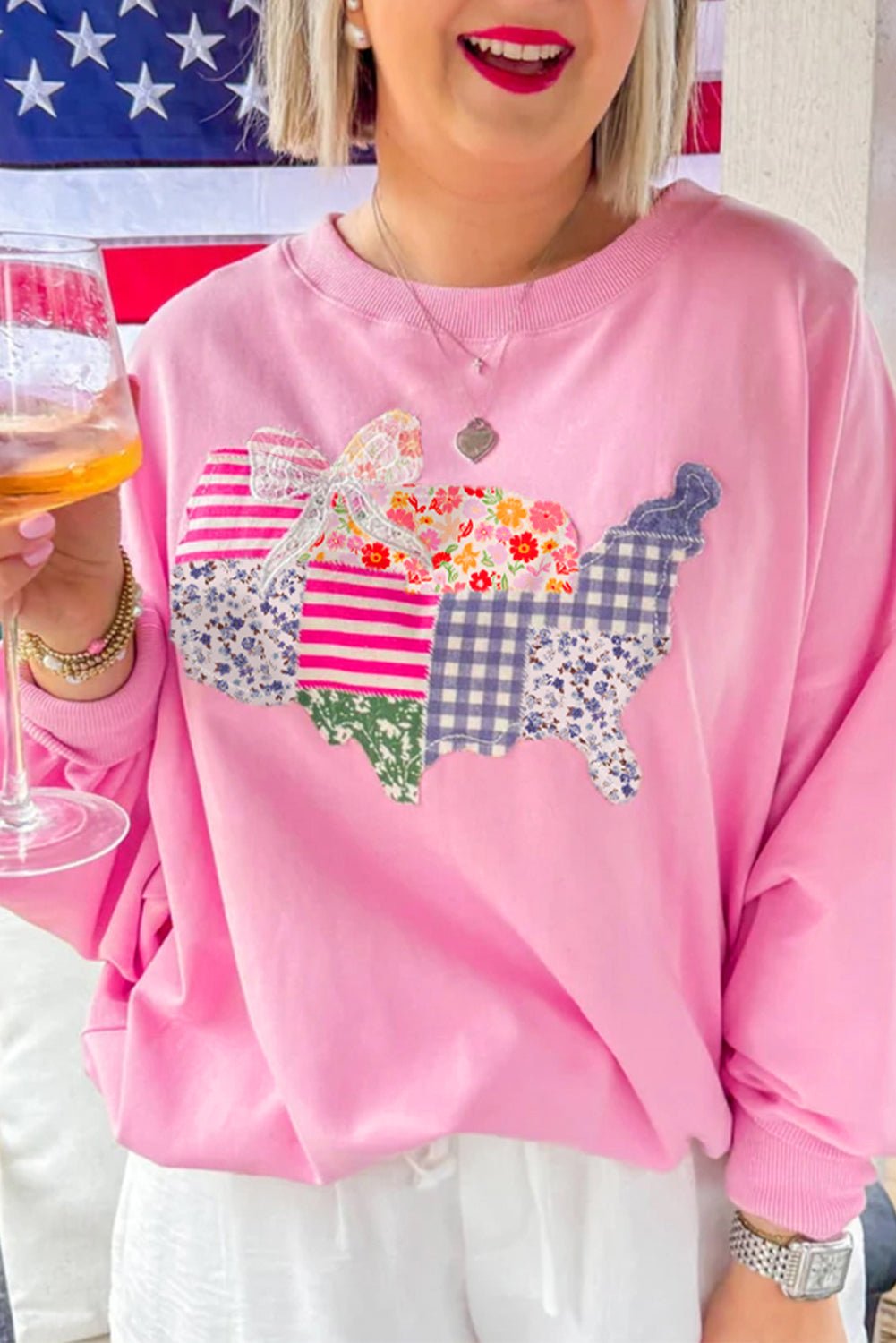 Pink Floral USA Map Patched Graphic Patriotic Sweatshirt - MAD RUFFI