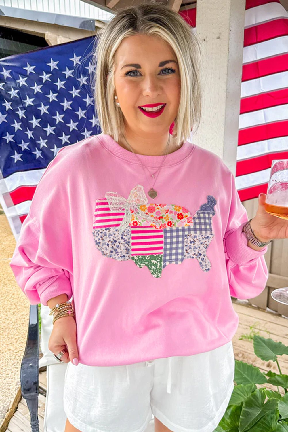 Pink Floral USA Map Patched Graphic Patriotic Sweatshirt - MAD RUFFI