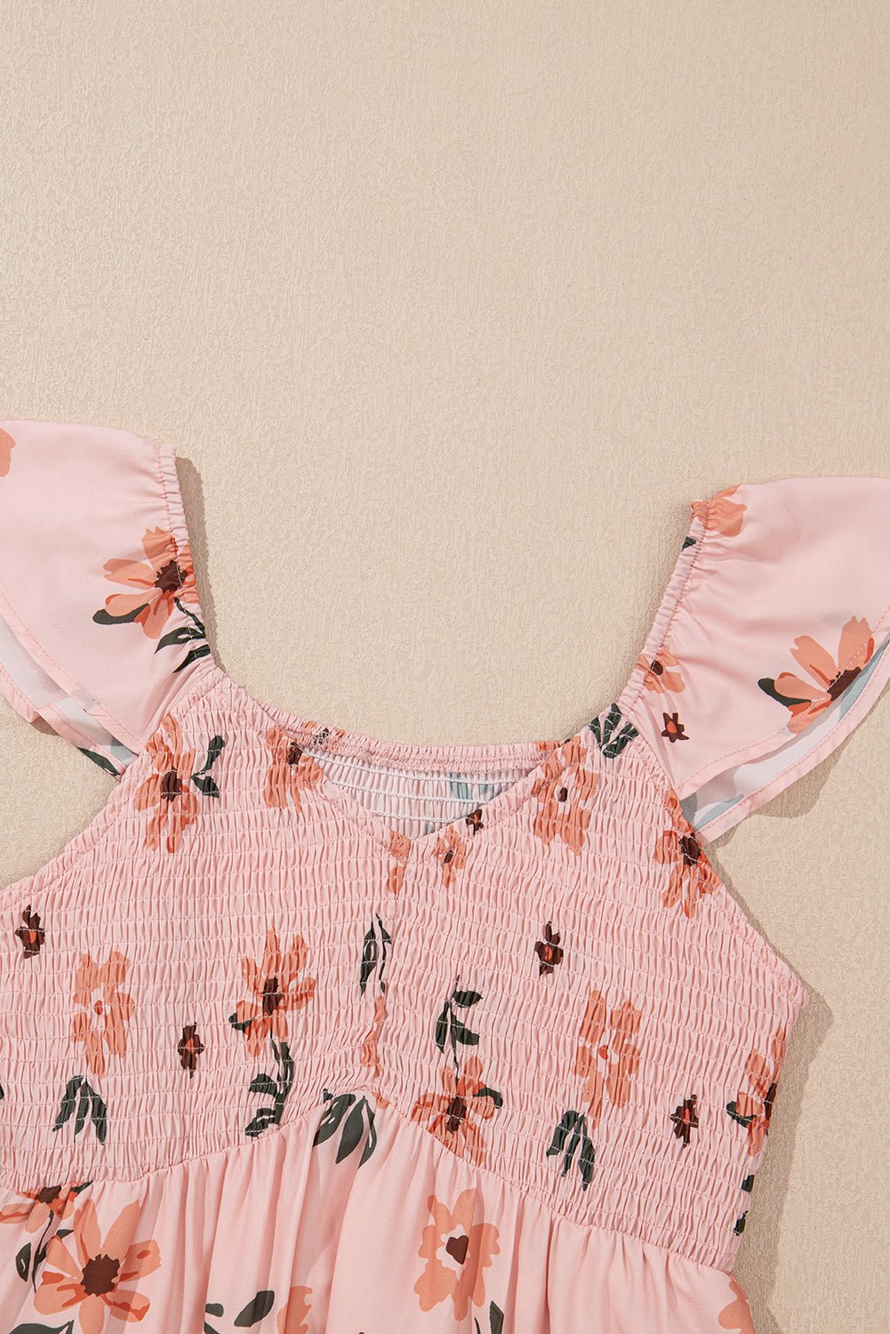 Pink Floral V Neck Smocked High Waist Ruffle Hem Maxi Dress - MAD RUFFI