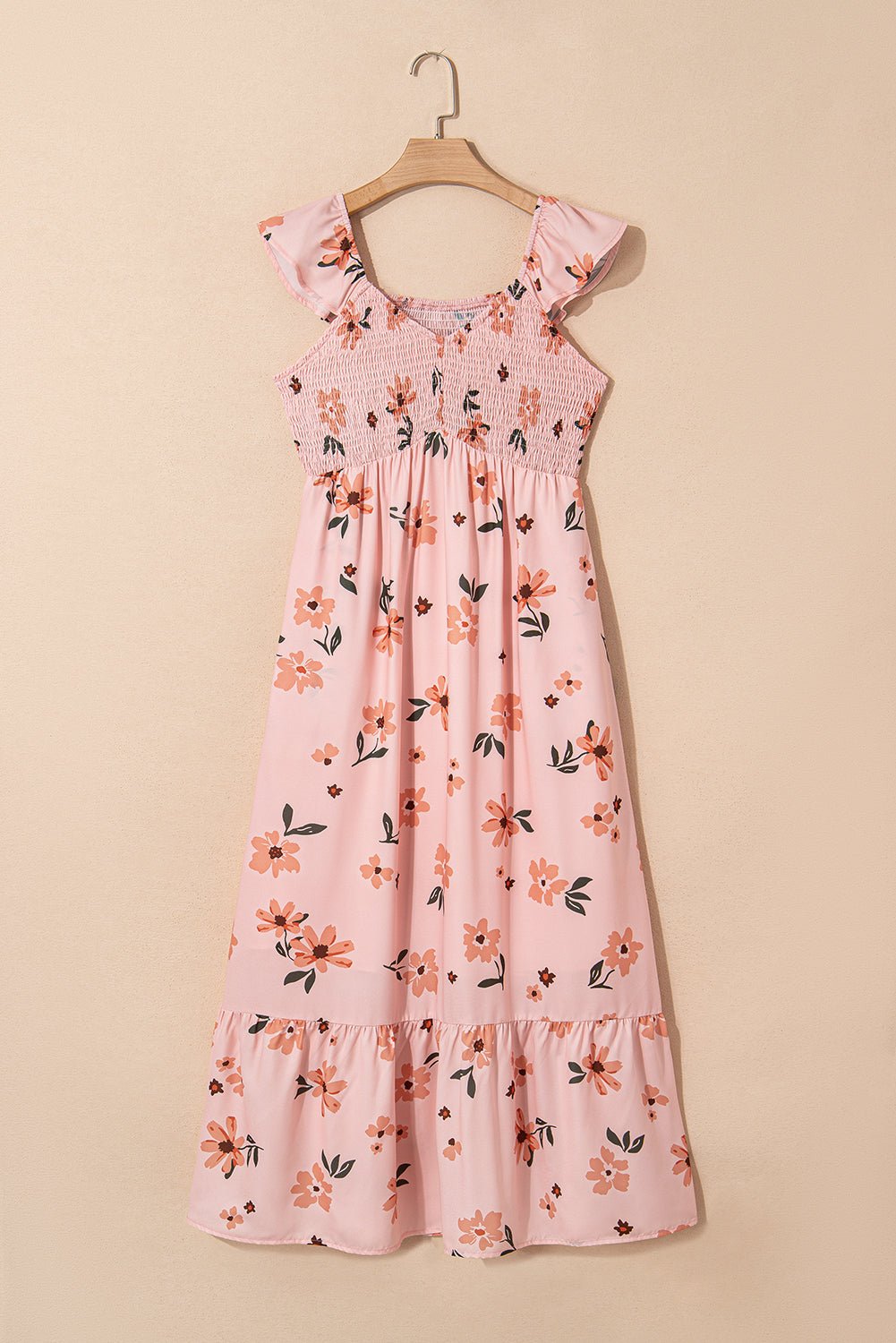 Pink Floral V Neck Smocked High Waist Ruffle Hem Maxi Dress - MAD RUFFI