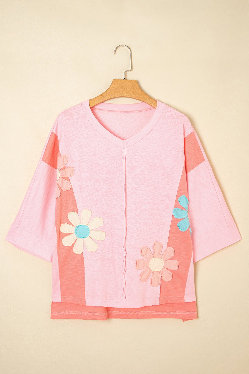 Pink Flower Patched Exposed Seam 3/4 Sleeve top - MAD RUFFI