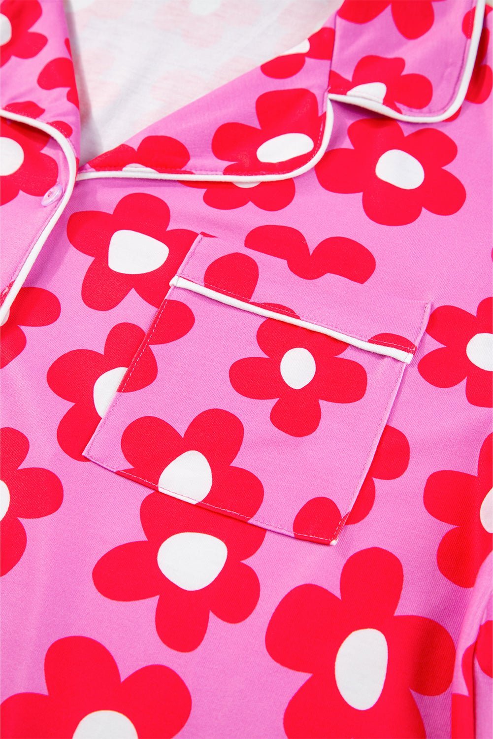 Pink Flower Print Buttoned Shirt And Drawstring Waist Pajama Set - MAD RUFFI