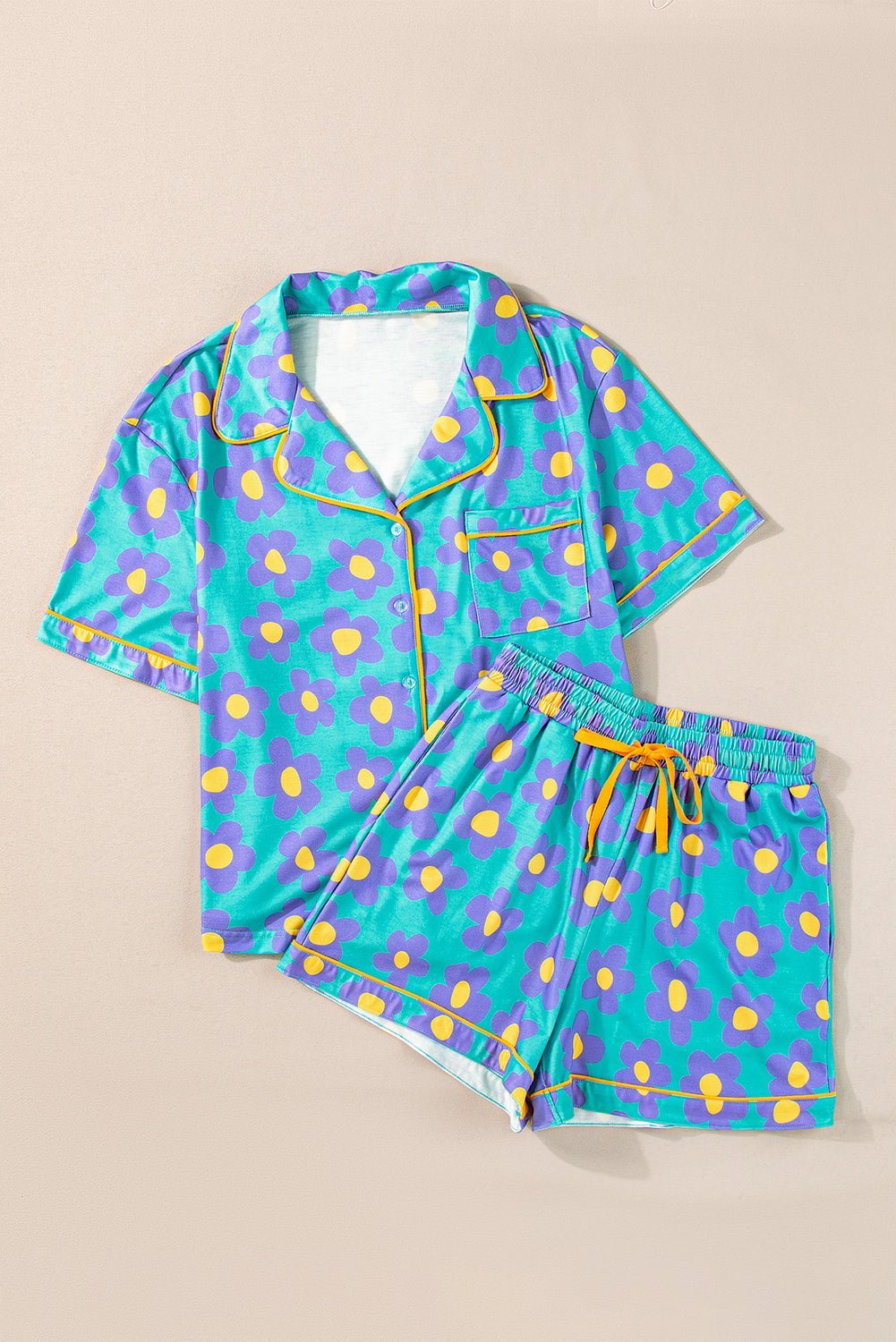 Pink Flower Print Buttoned Shirt And Drawstring Waist Pajama Set - MAD RUFFI