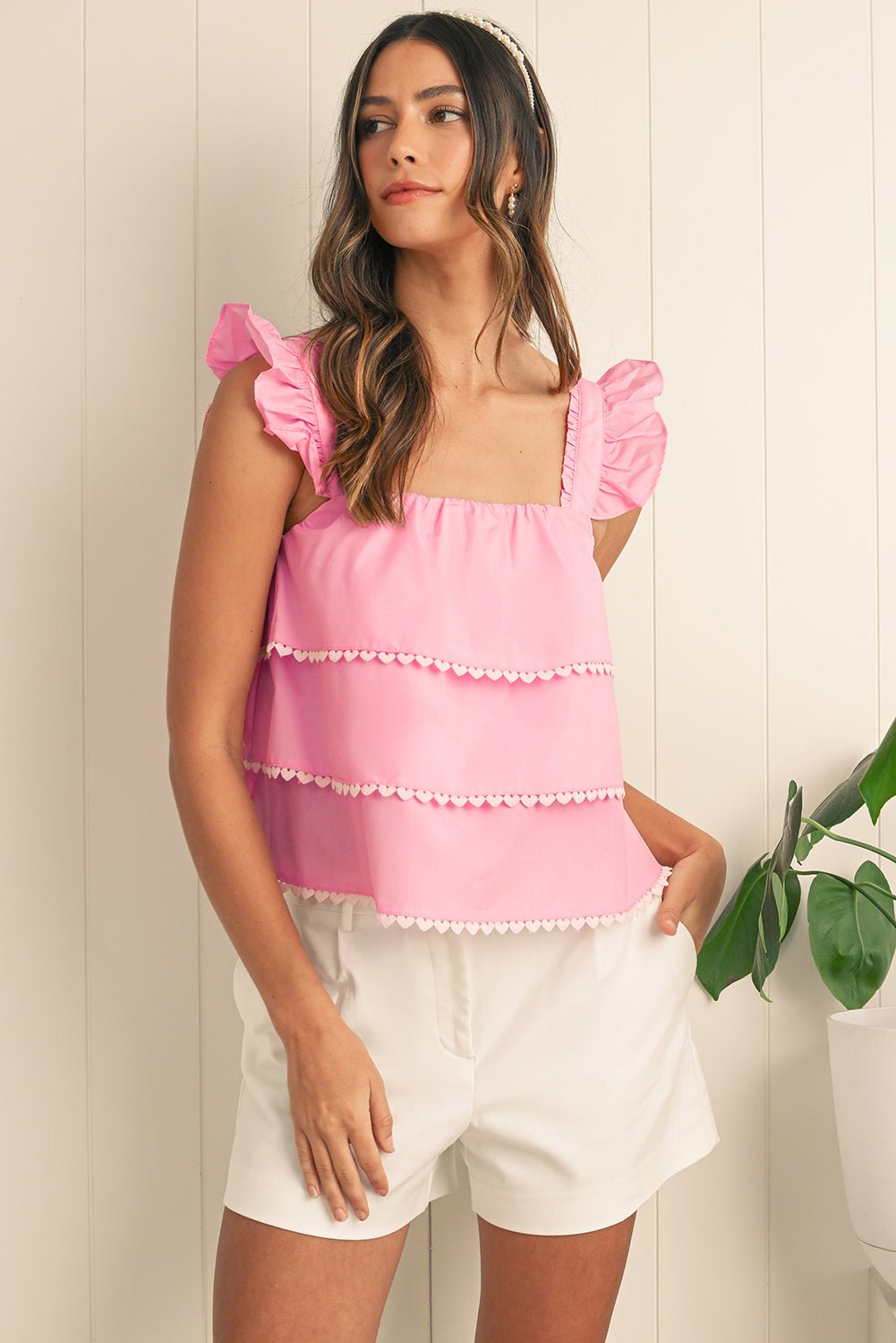 Pink Frill Square Neck Layered Ruffle Sleeveless Shirt - MAD RUFFI