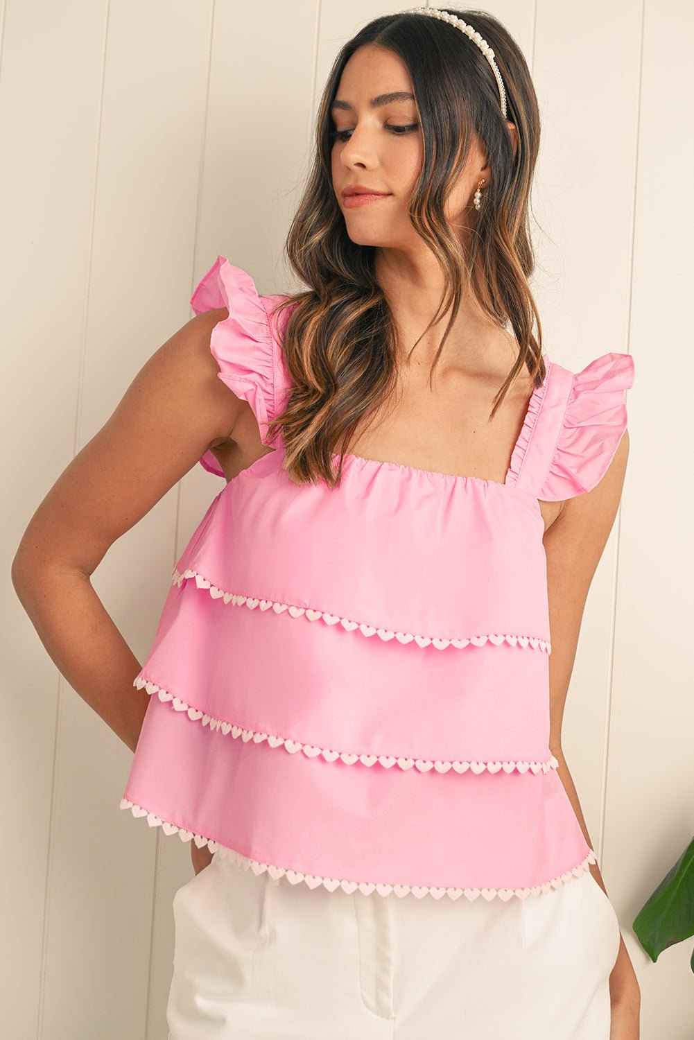 Pink Frill Square Neck Layered Ruffle Sleeveless Shirt - MAD RUFFI