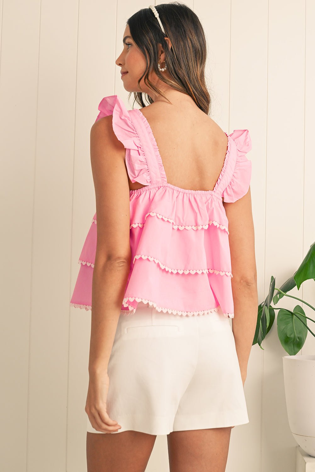 Pink Frill Square Neck Layered Ruffle Sleeveless Shirt - MAD RUFFI