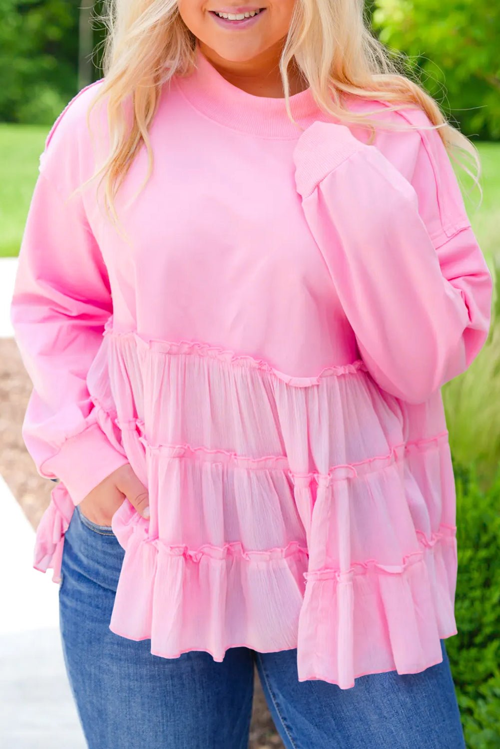 Pink Frill Tiered Patchwork Ribbed Trim Flowy Plus Size Top - MAD RUFFI