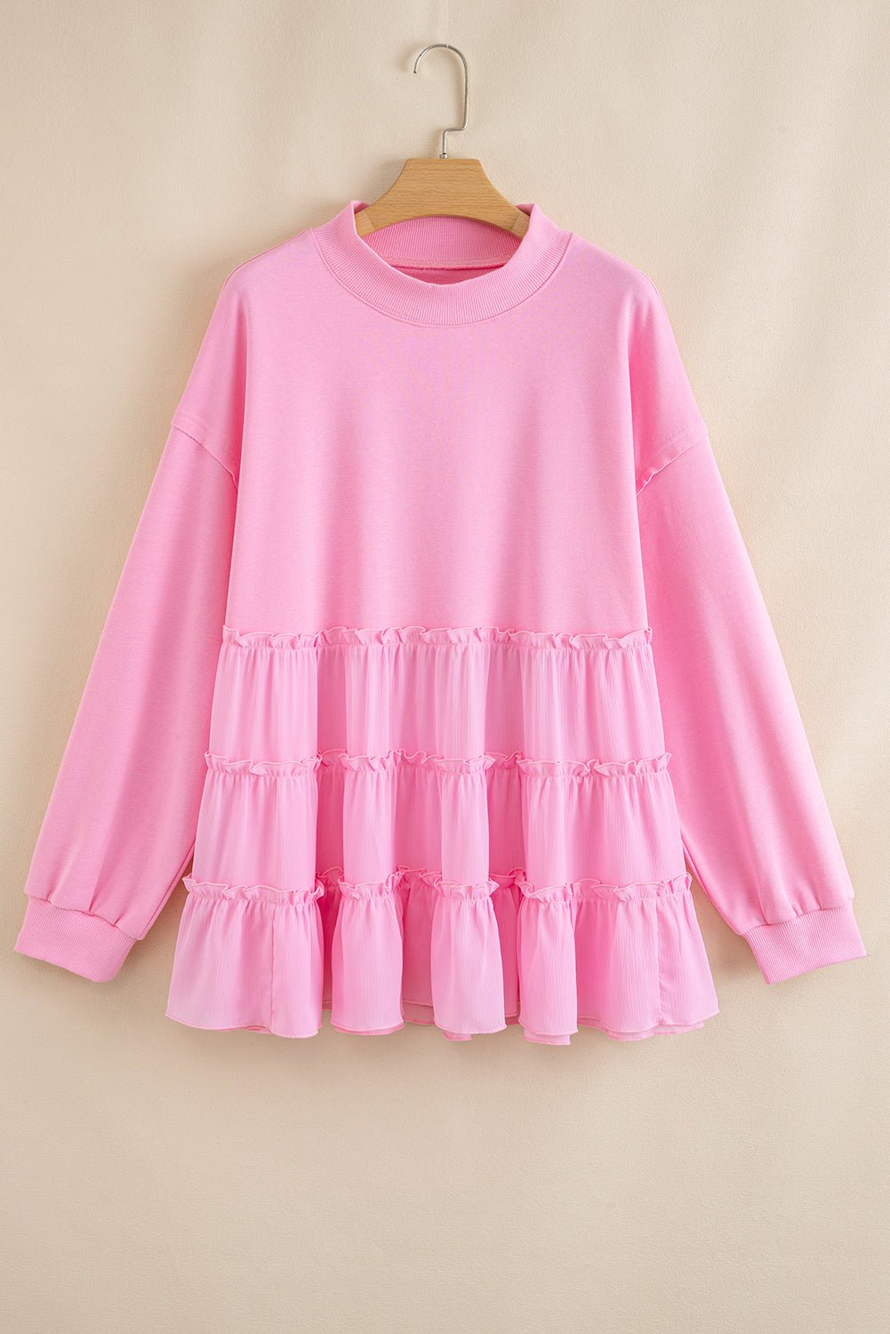 Pink Frill Tiered Patchwork Ribbed Trim Flowy Plus Size Top - MAD RUFFI