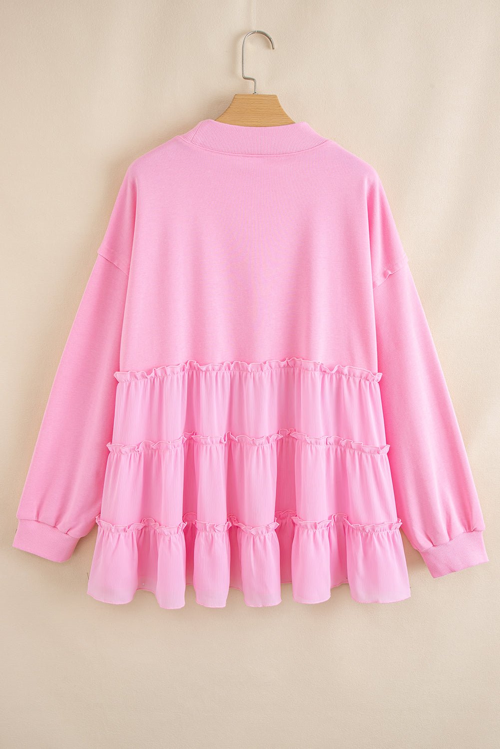 Pink Frill Tiered Patchwork Ribbed Trim Flowy Plus Size Top - MAD RUFFI