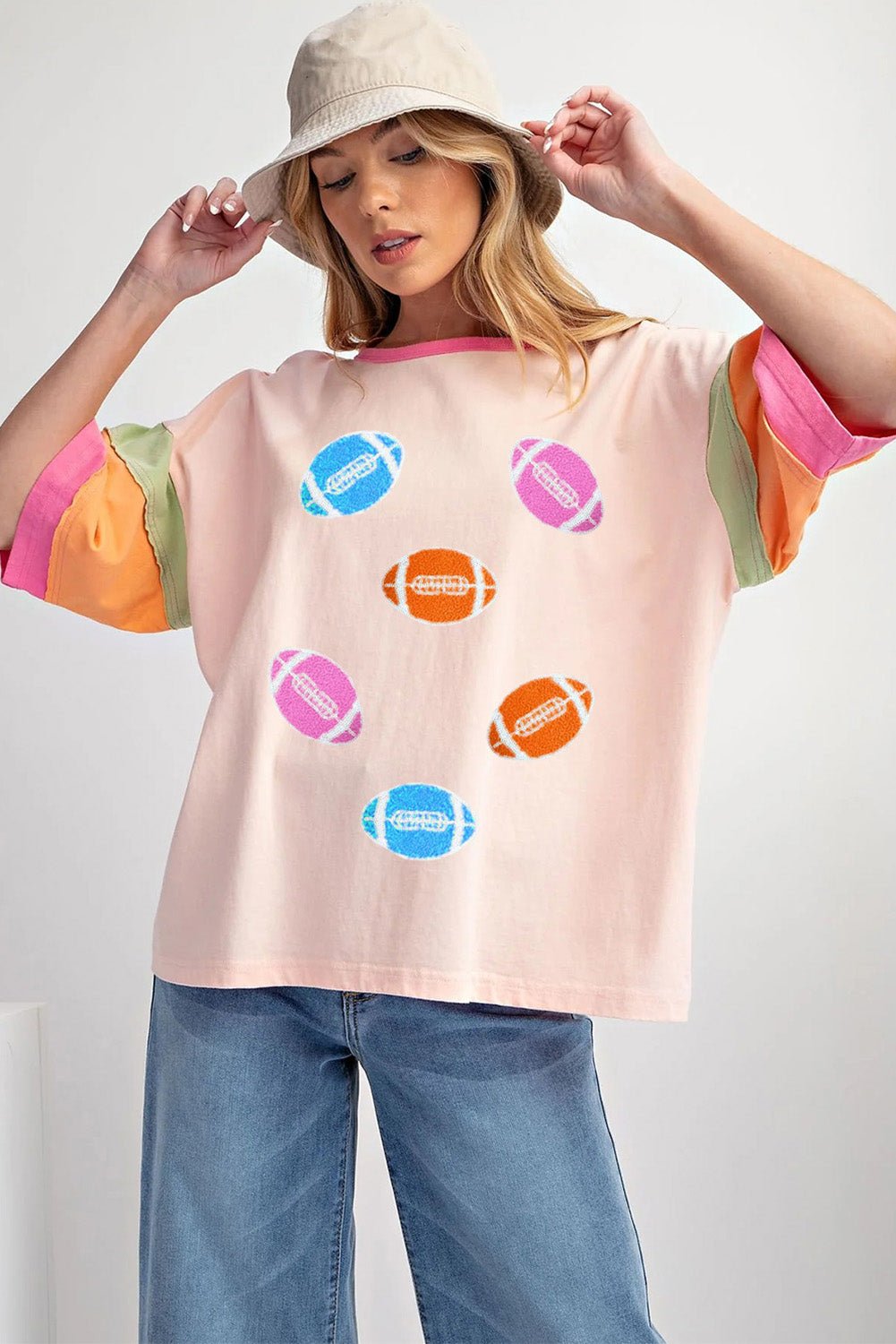 Pink Game Day Football Graphic Color Block Sleeve Tee - MAD RUFFI
