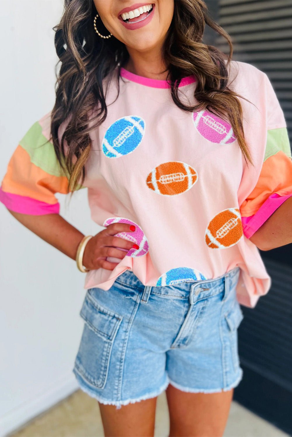 Pink Game Day Football Graphic Color Block Sleeve Tee - MAD RUFFI