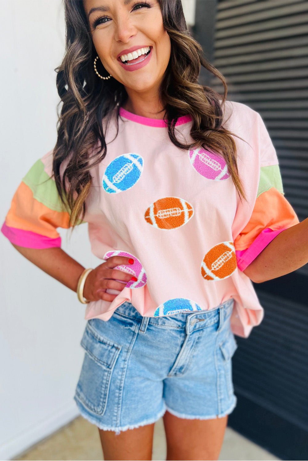 Pink Game Day Football Graphic Color Block Sleeve Tee - MAD RUFFI