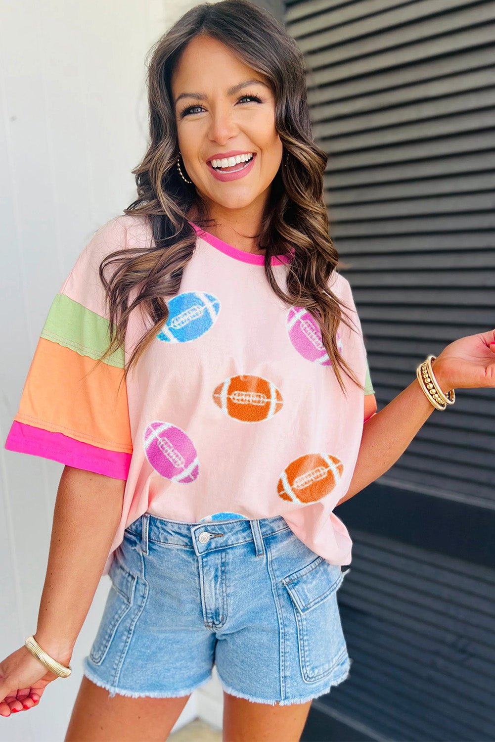 Pink Game Day Football Graphic Color Block Sleeve Tee - MAD RUFFI
