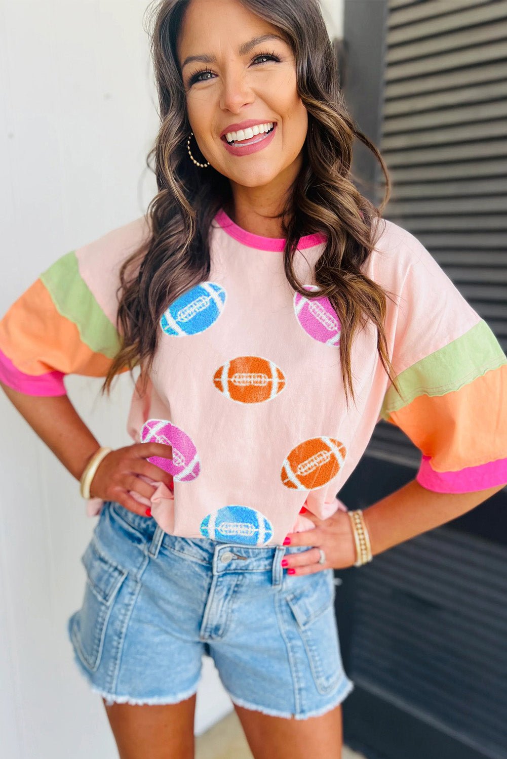 Pink Game Day Football Graphic Color Block Sleeve Tee - MAD RUFFI