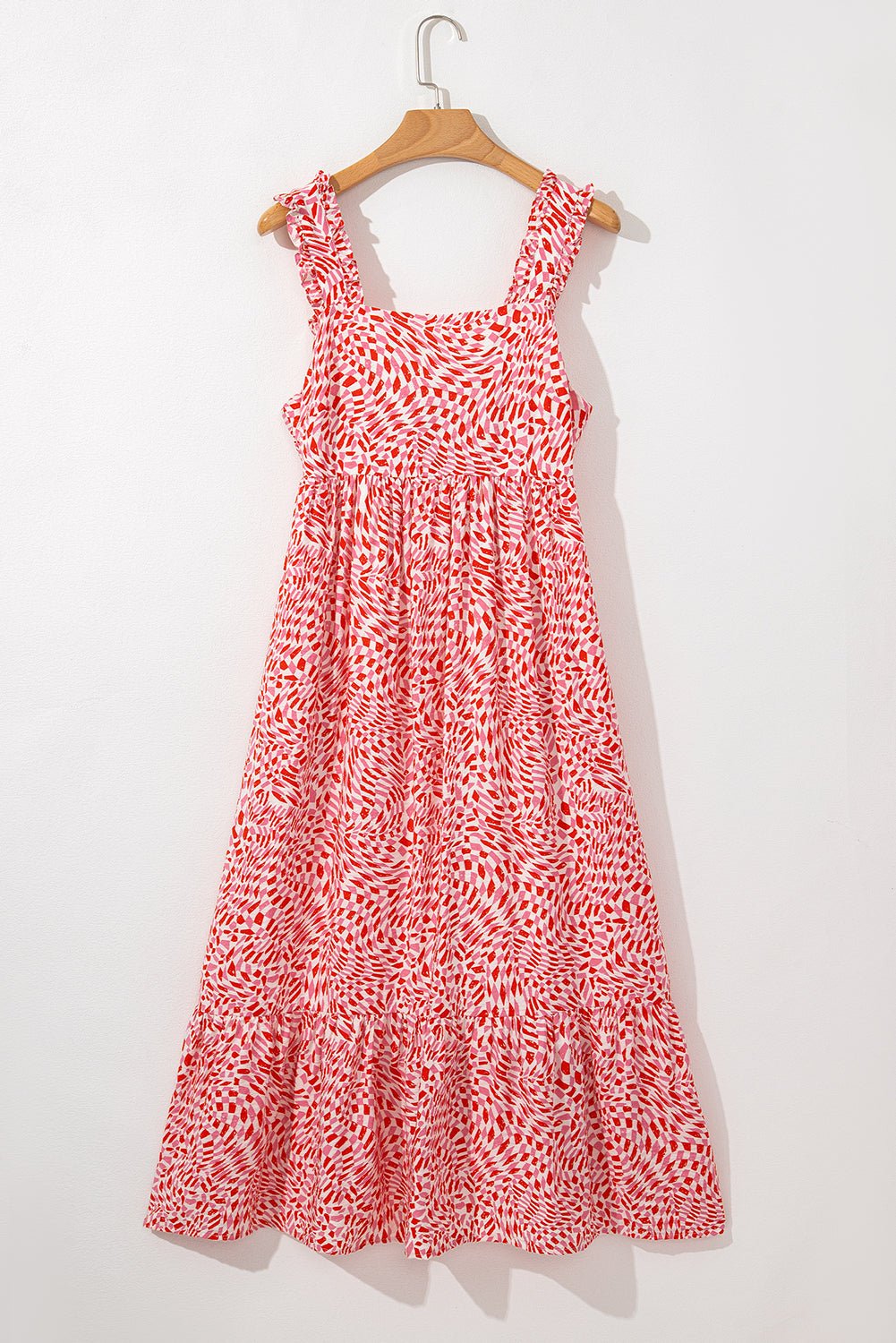 Pink Geometric Print Knot Back Sleeveless Ruffle Hem Dress - MAD RUFFI
