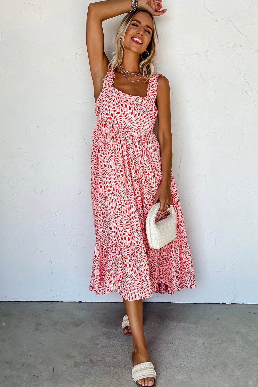 Pink Geometric Print Knot Back Sleeveless Ruffle Hem Dress - MAD RUFFI