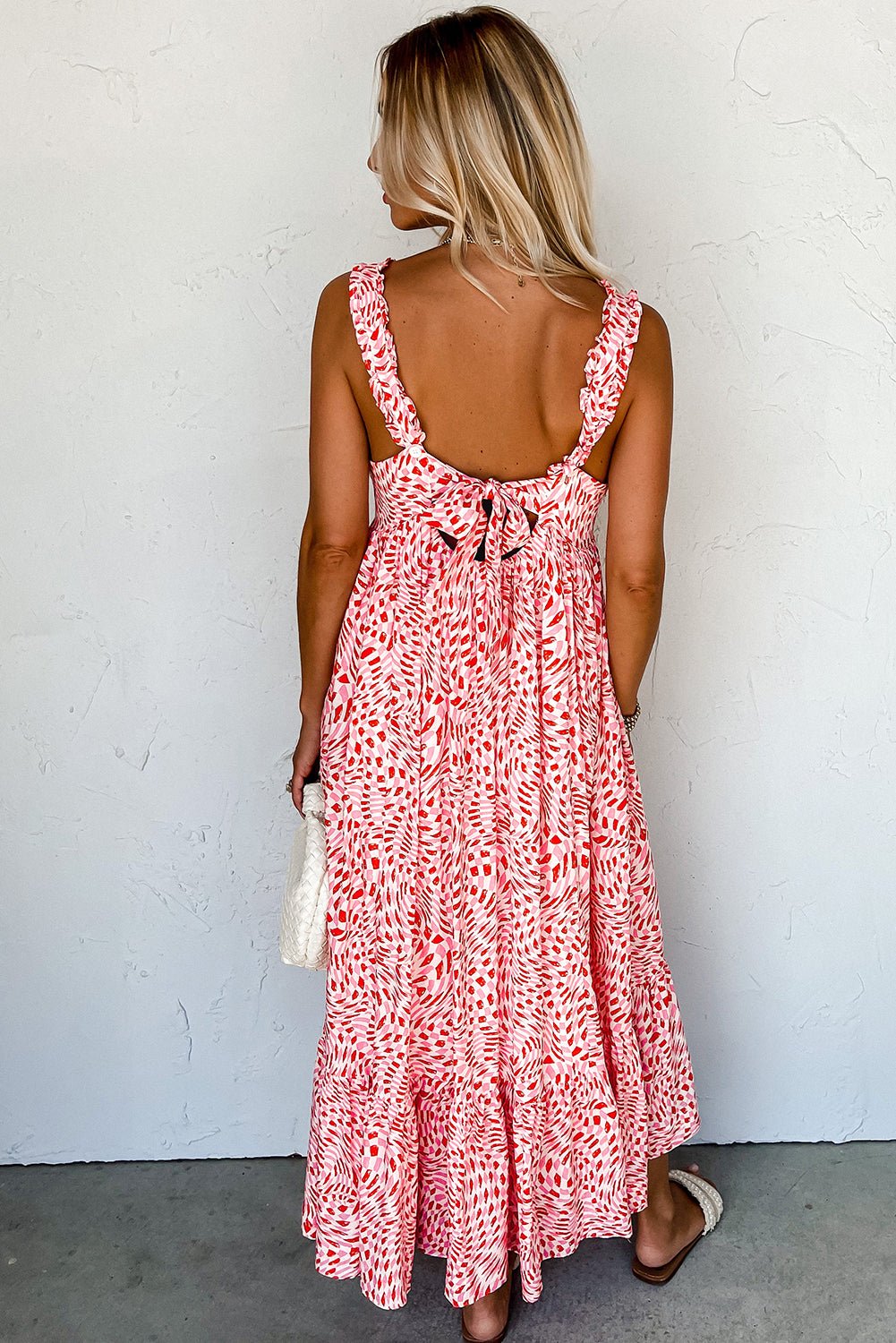 Pink Geometric Print Knot Back Sleeveless Ruffle Hem Dress - MAD RUFFI