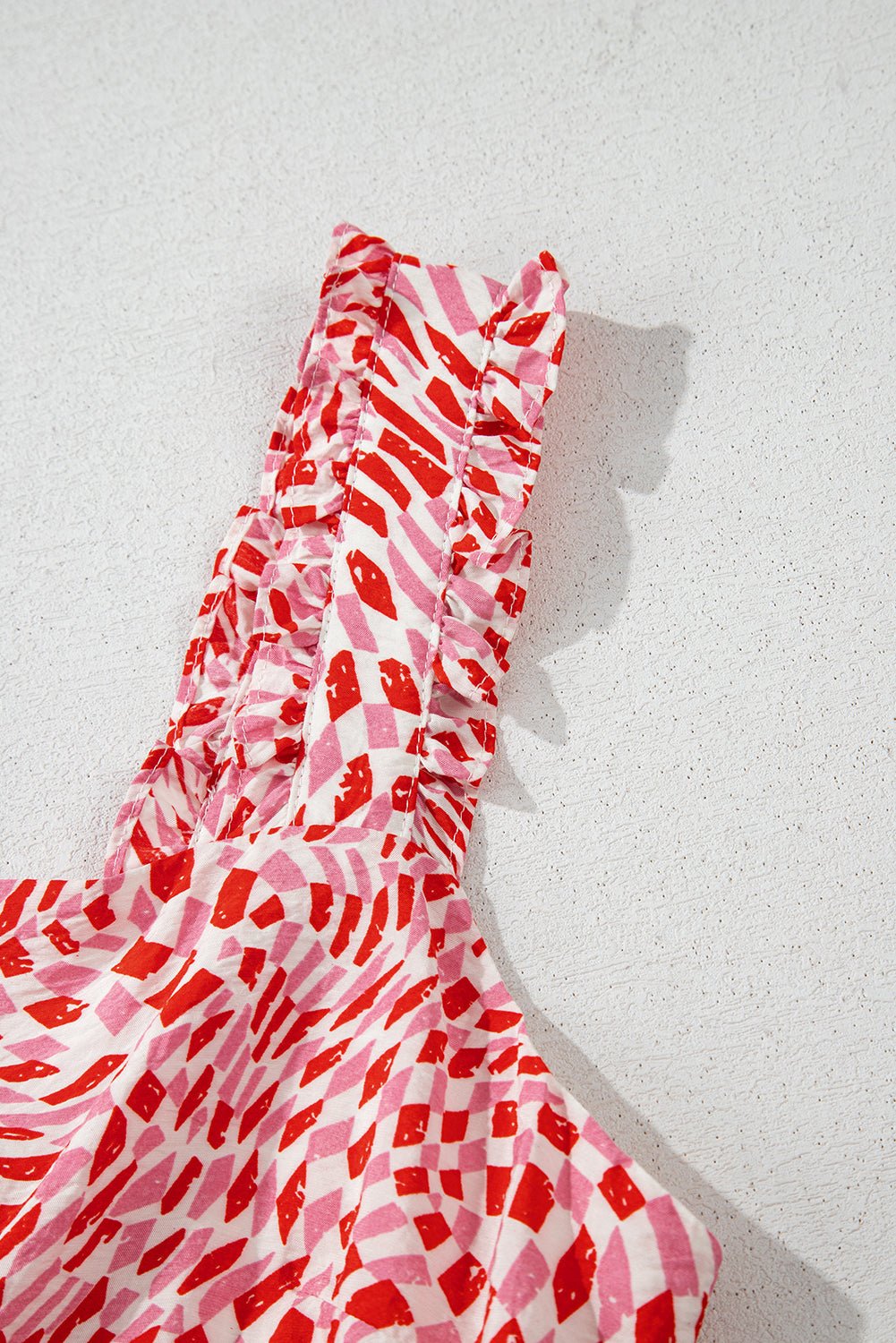 Pink Geometric Print Knot Back Sleeveless Ruffle Hem Dress - MAD RUFFI