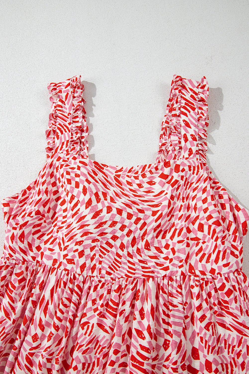 Pink Geometric Print Knot Back Sleeveless Ruffle Hem Dress - MAD RUFFI