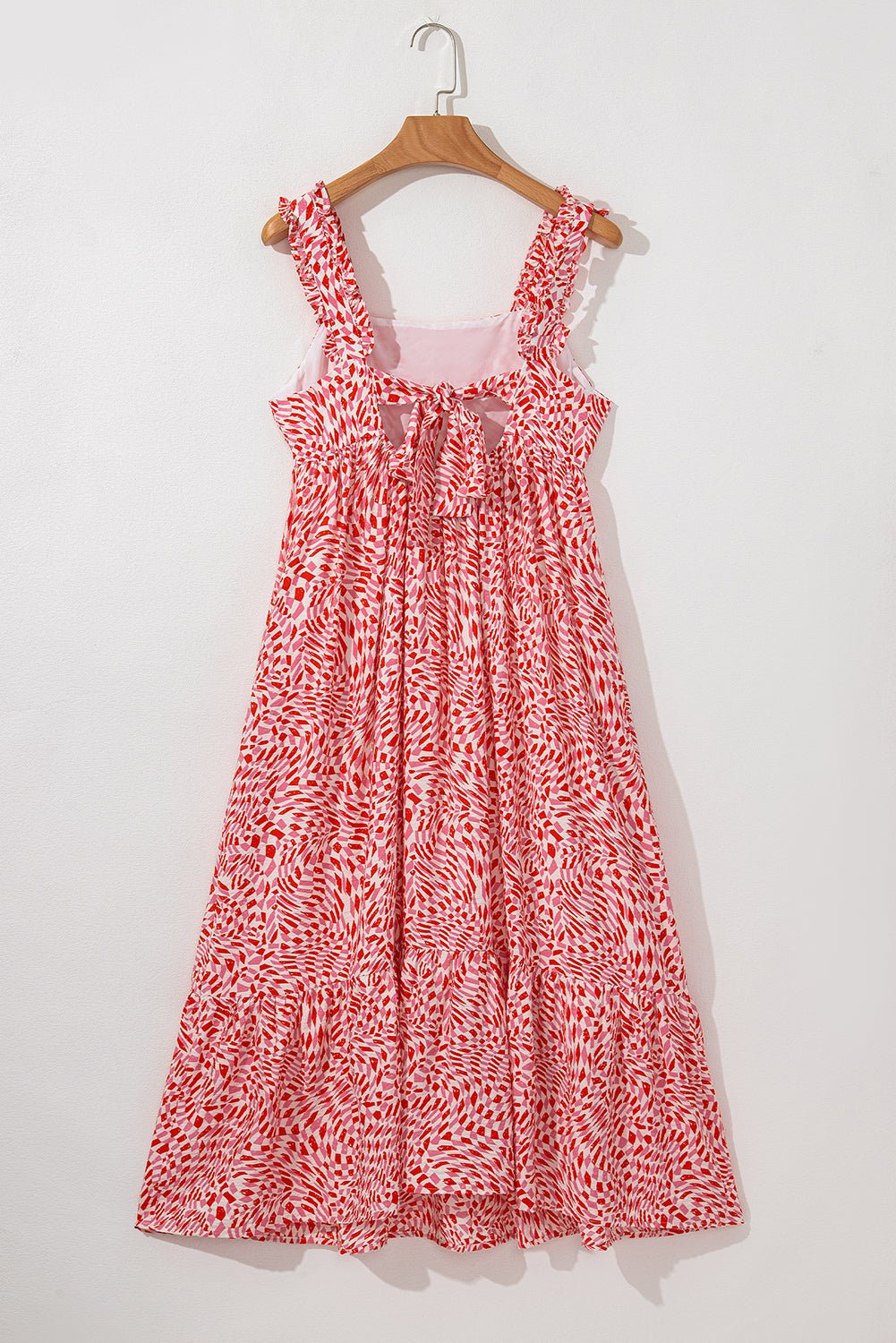 Pink Geometric Print Knot Back Sleeveless Ruffle Hem Dress - MAD RUFFI