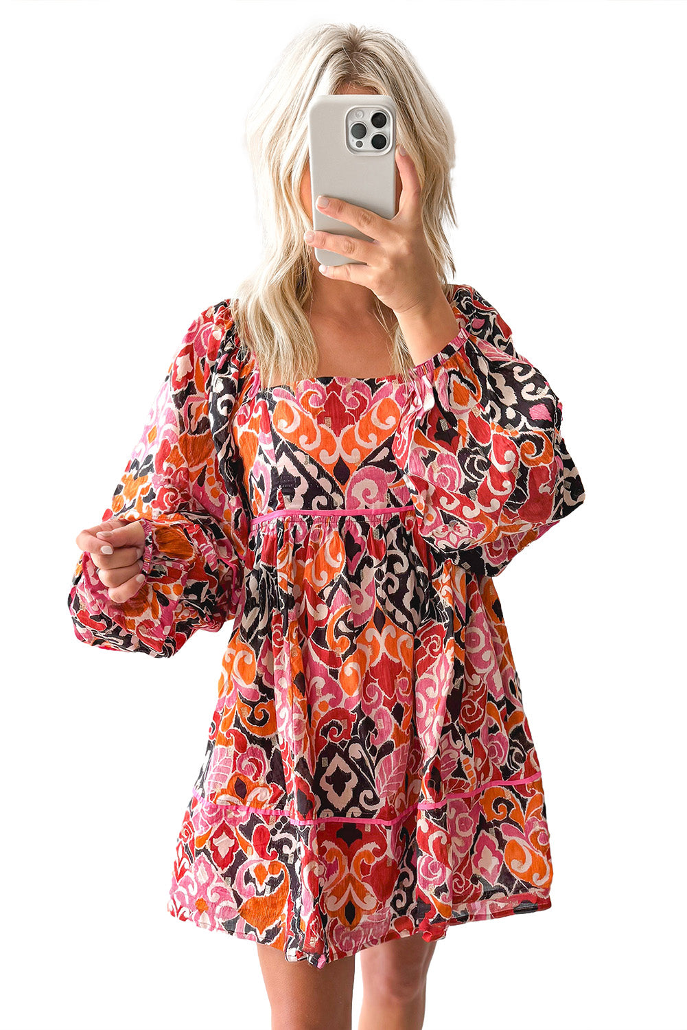 Pink Geometric Print Square Neck Puff Sleeve Mini Dress - MAD RUFFI