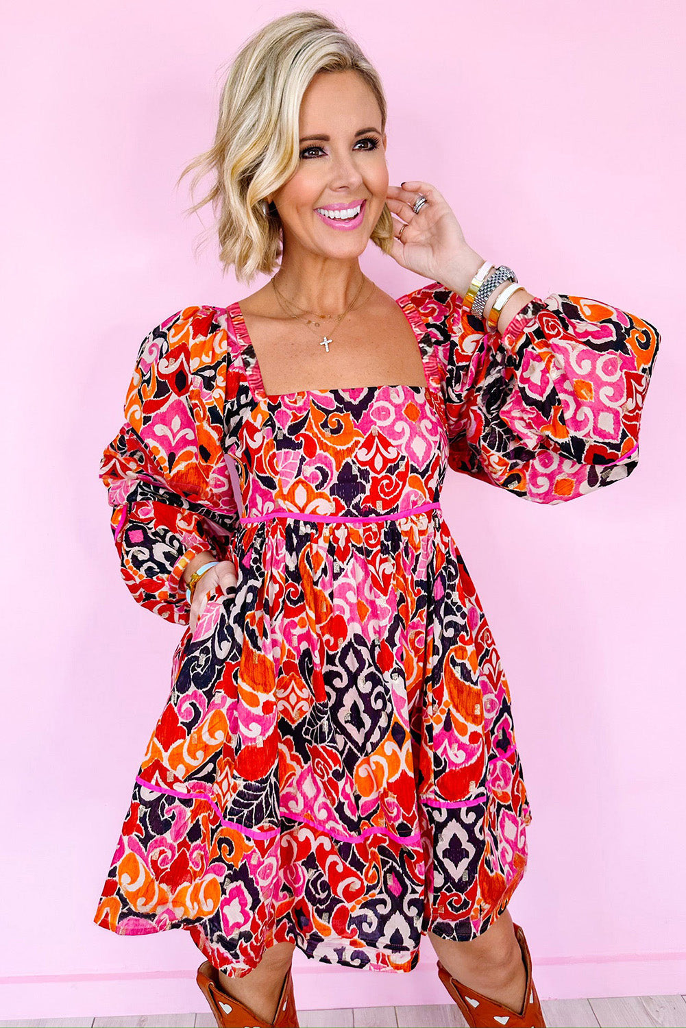 Pink Geometric Print Square Neck Puff Sleeve Mini Dress - MAD RUFFI