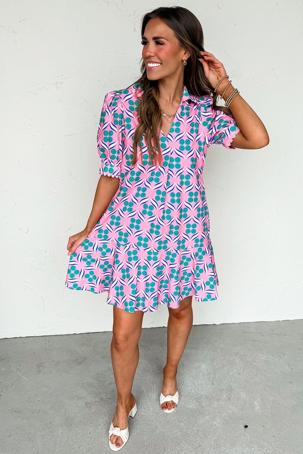 Pink Geometric Print V - Neck Ricrac Trim Mini Dress - MAD RUFFI