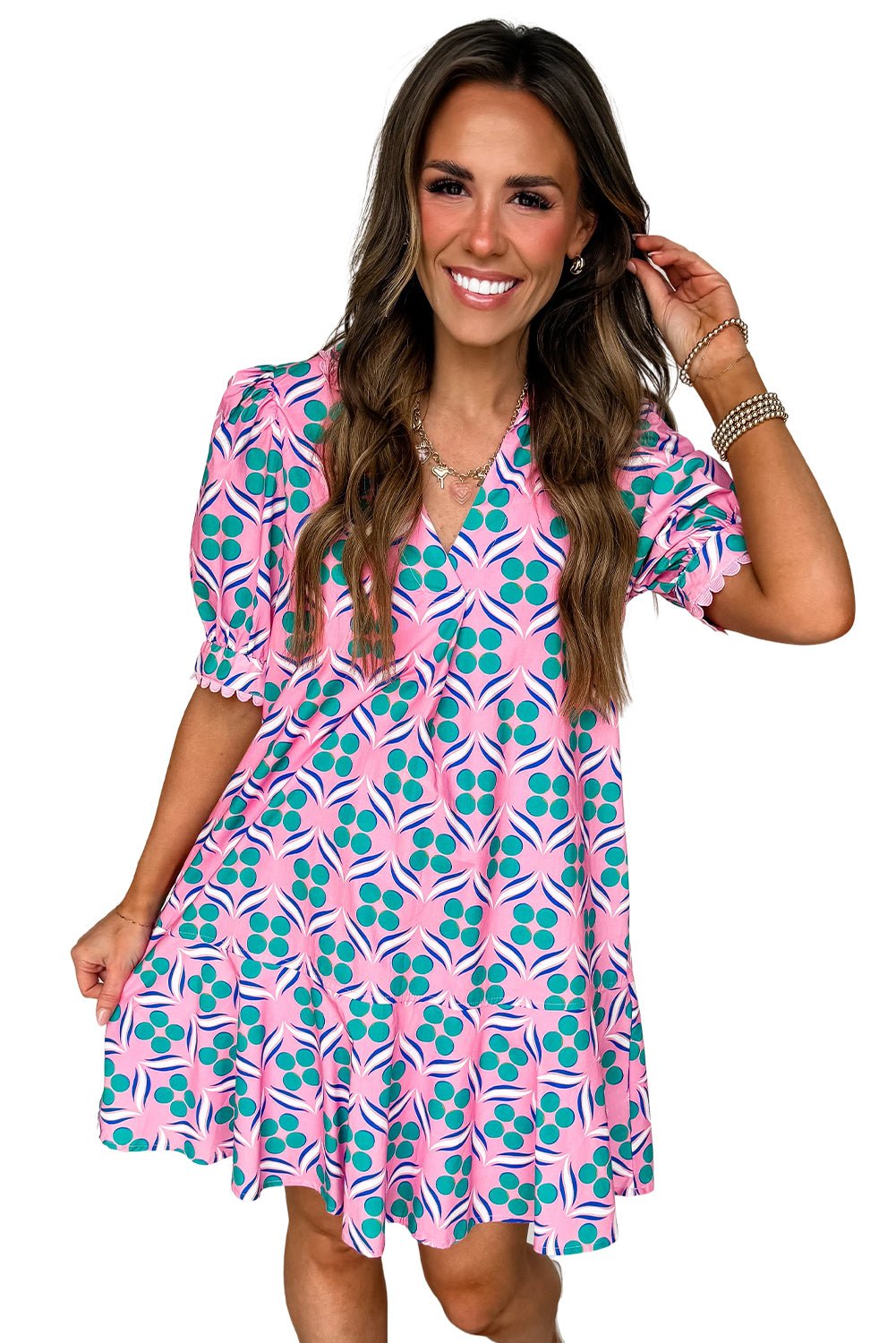 Pink Geometric Print V - Neck Ricrac Trim Mini Dress - MAD RUFFI