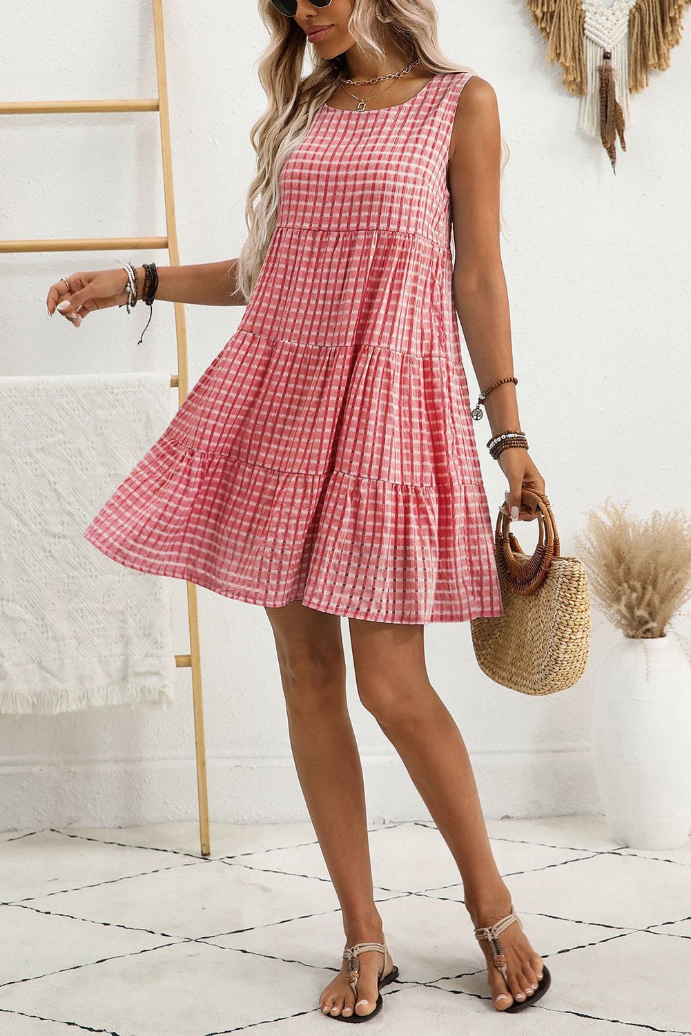 Pink Gingham High Waist Sleeveless Mini Dress - MAD RUFFI