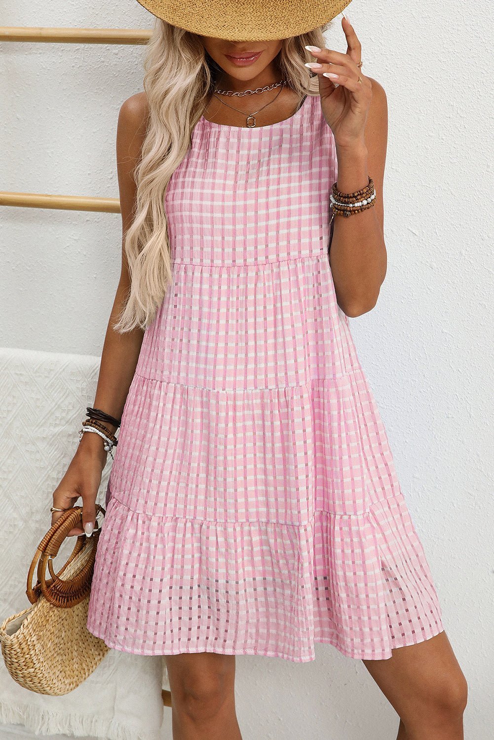 Pink Gingham High Waist Sleeveless Mini Dress - MAD RUFFI