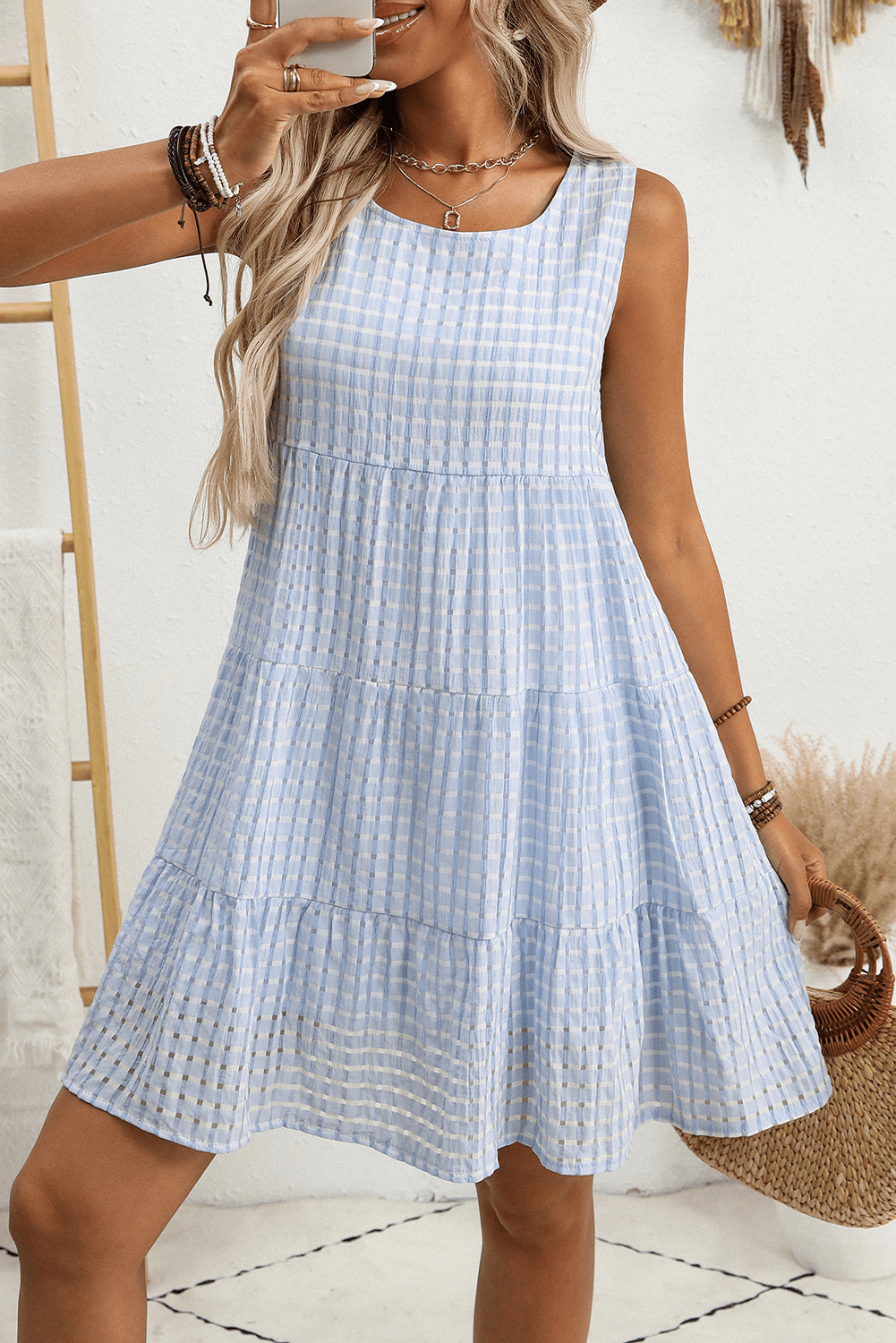 Pink Gingham High Waist Sleeveless Mini Dress - MAD RUFFI