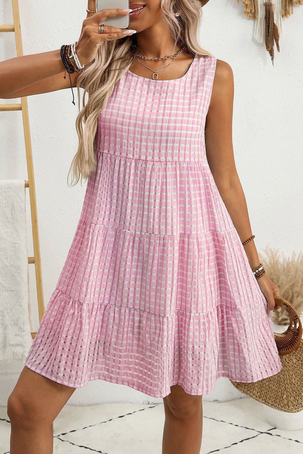 Pink Gingham High Waist Sleeveless Mini Dress - MAD RUFFI