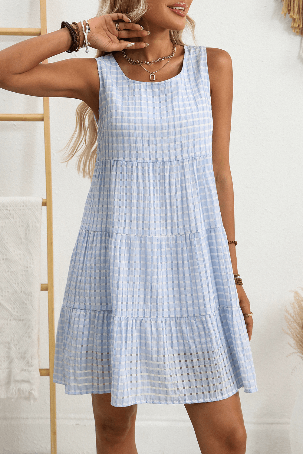 Pink Gingham High Waist Sleeveless Mini Dress - MAD RUFFI