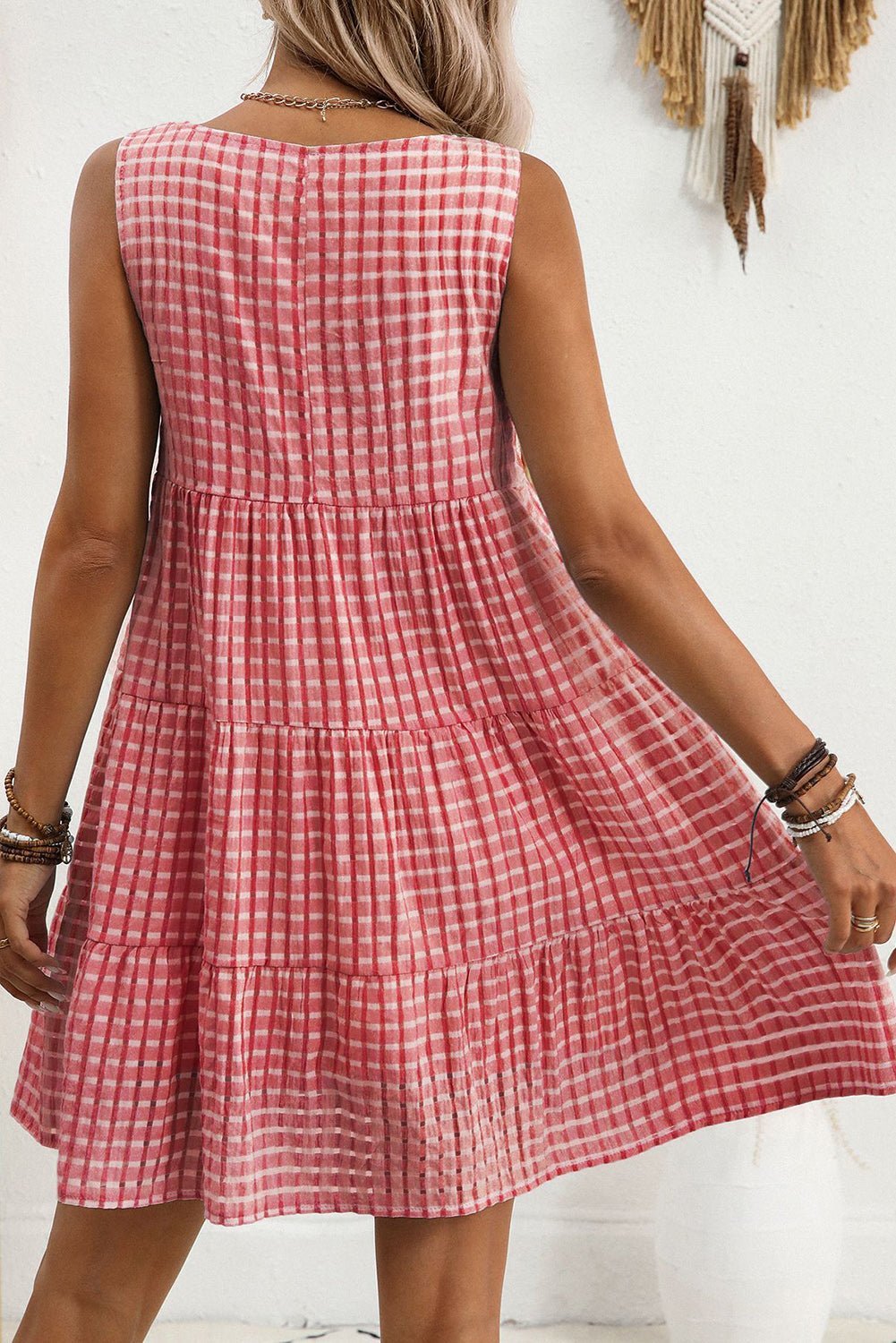 Pink Gingham High Waist Sleeveless Mini Dress - MAD RUFFI