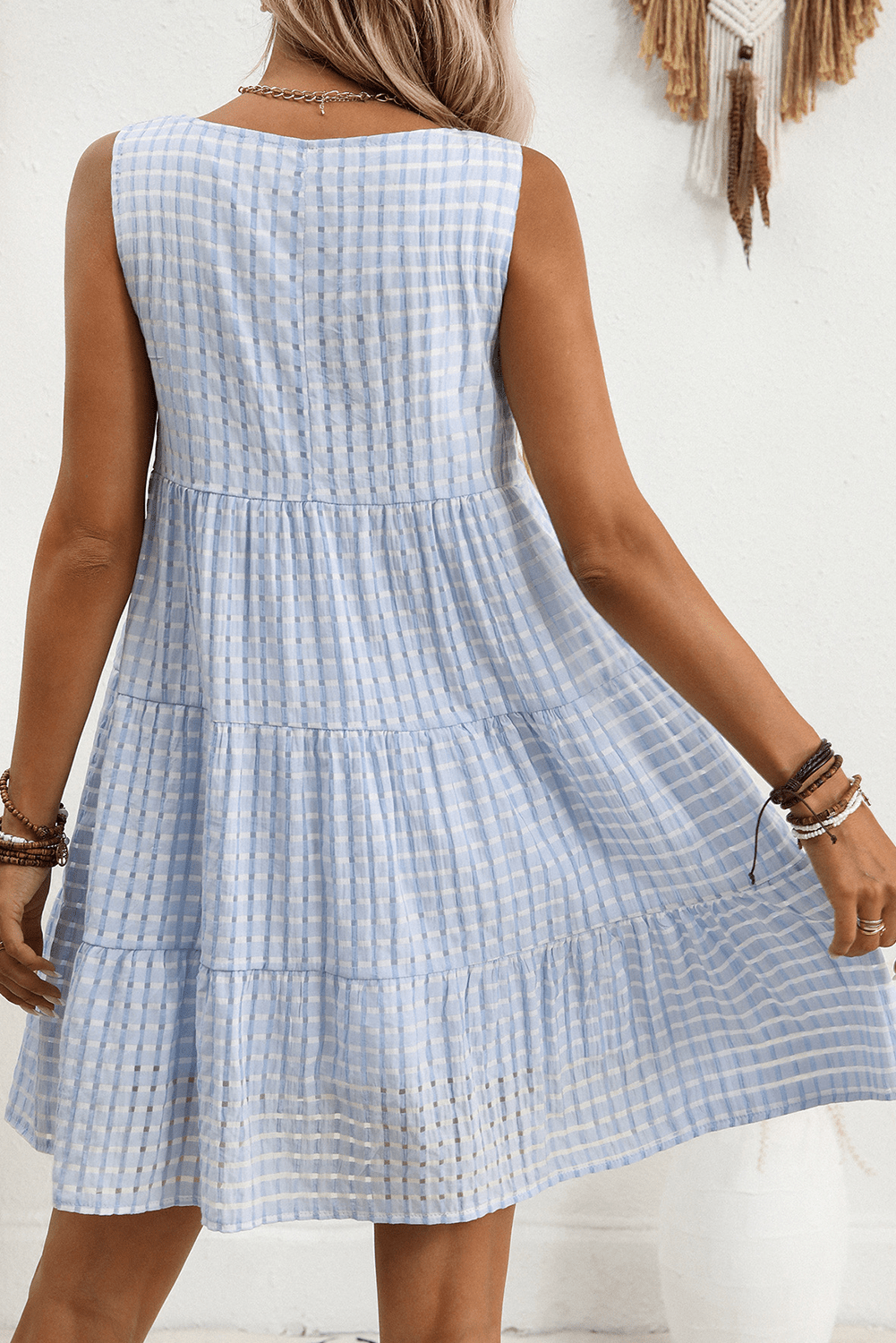 Pink Gingham High Waist Sleeveless Mini Dress - MAD RUFFI