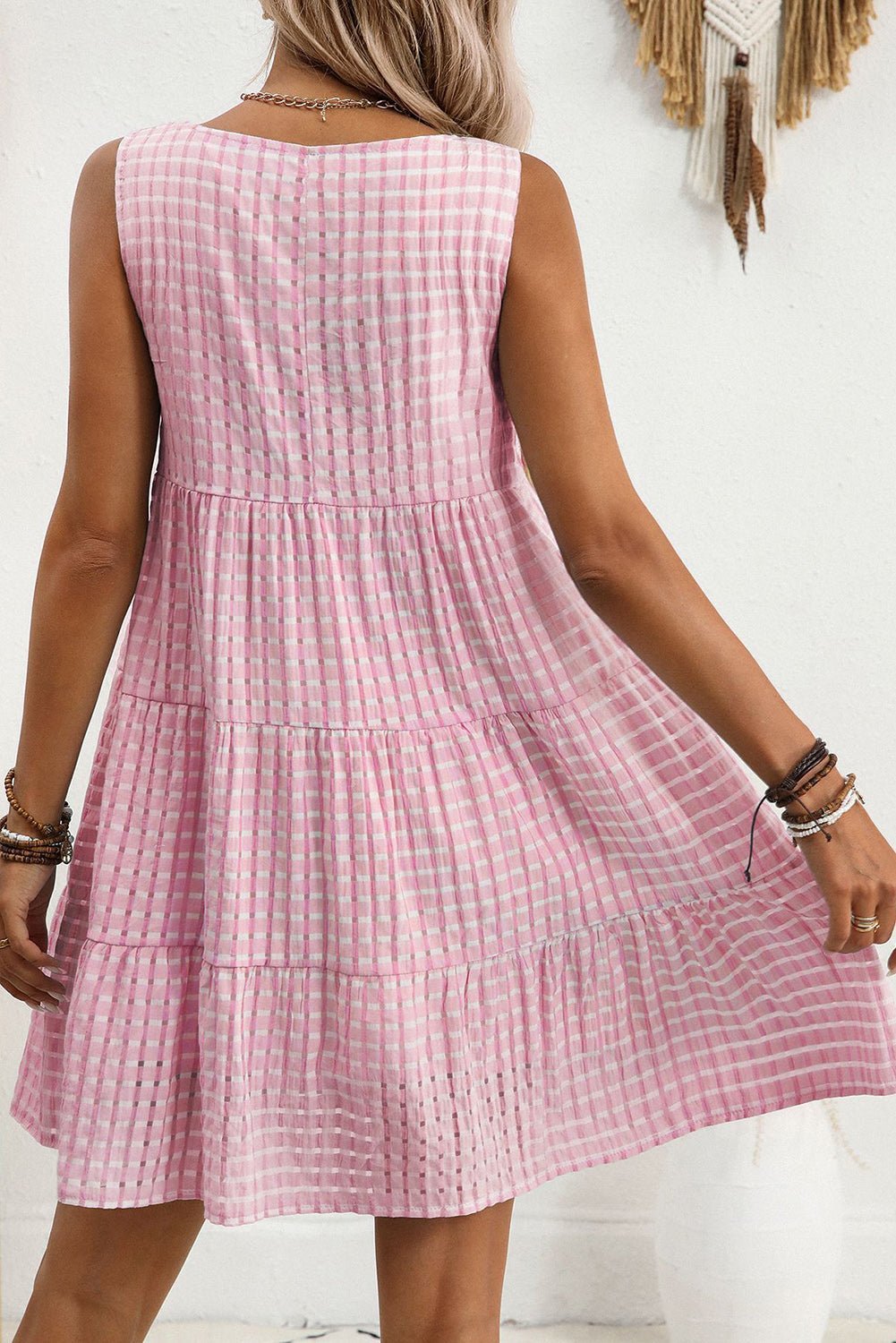 Pink Gingham High Waist Sleeveless Mini Dress - MAD RUFFI