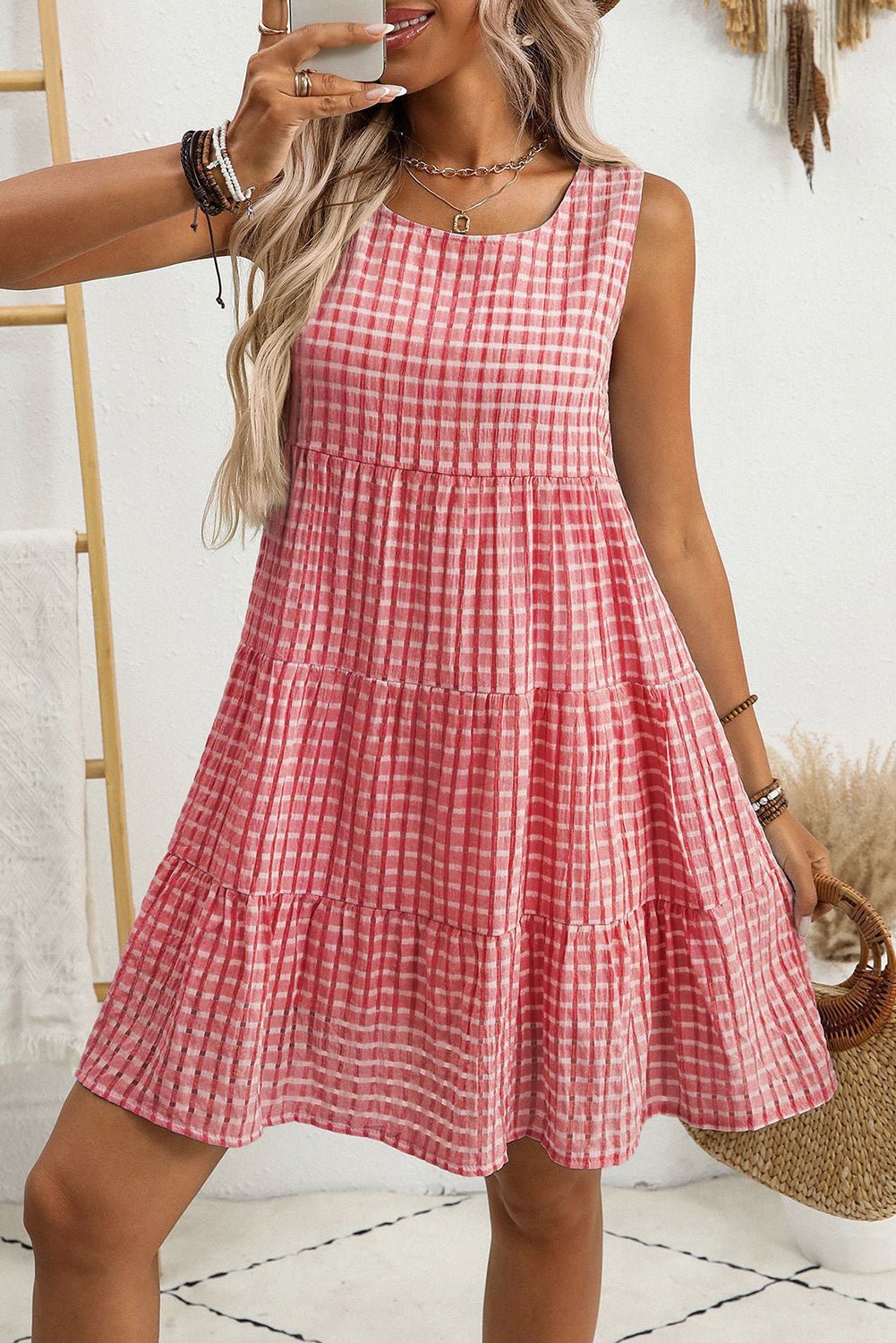 Pink Gingham High Waist Sleeveless Mini Dress - MAD RUFFI
