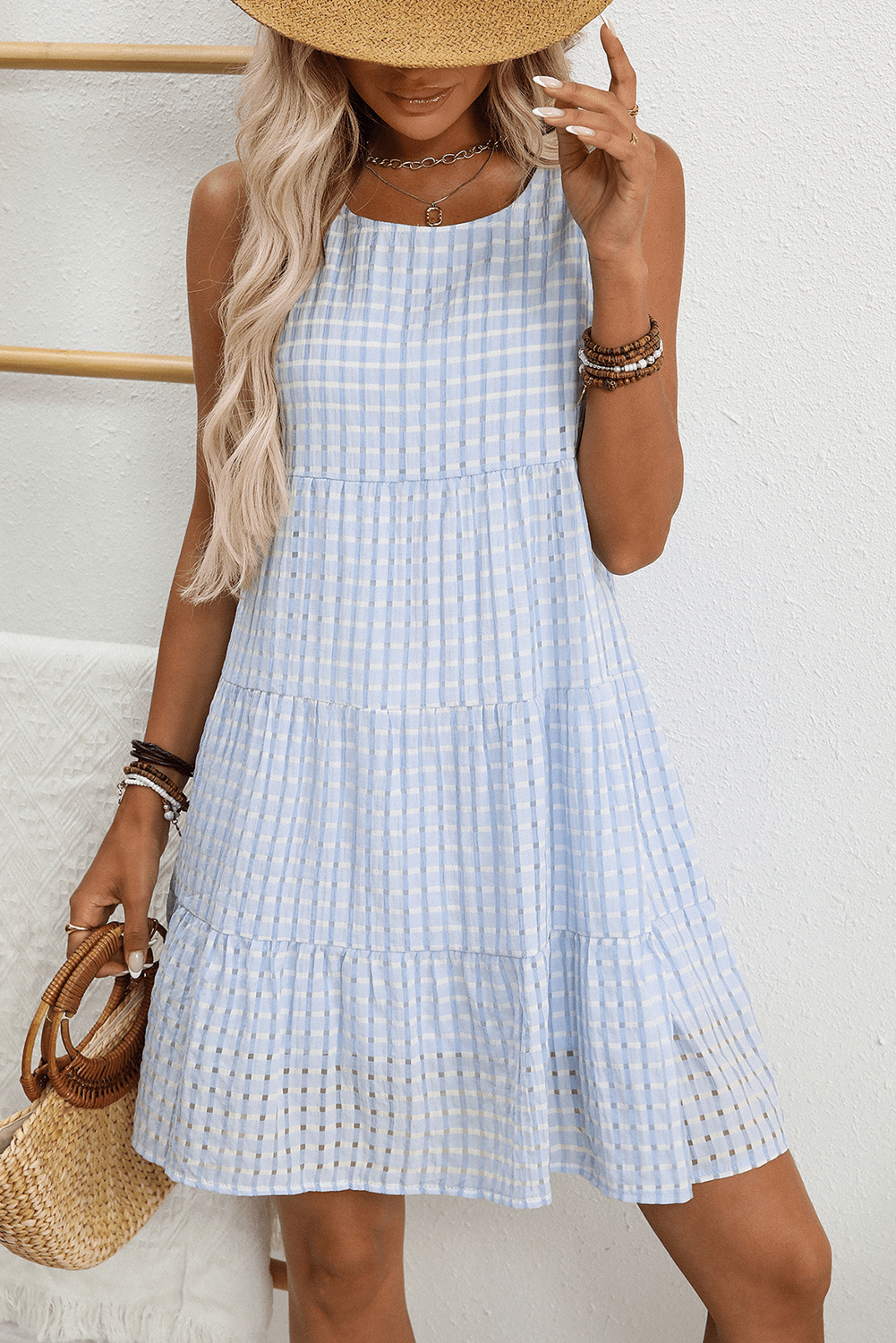 Pink Gingham High Waist Sleeveless Mini Dress - MAD RUFFI
