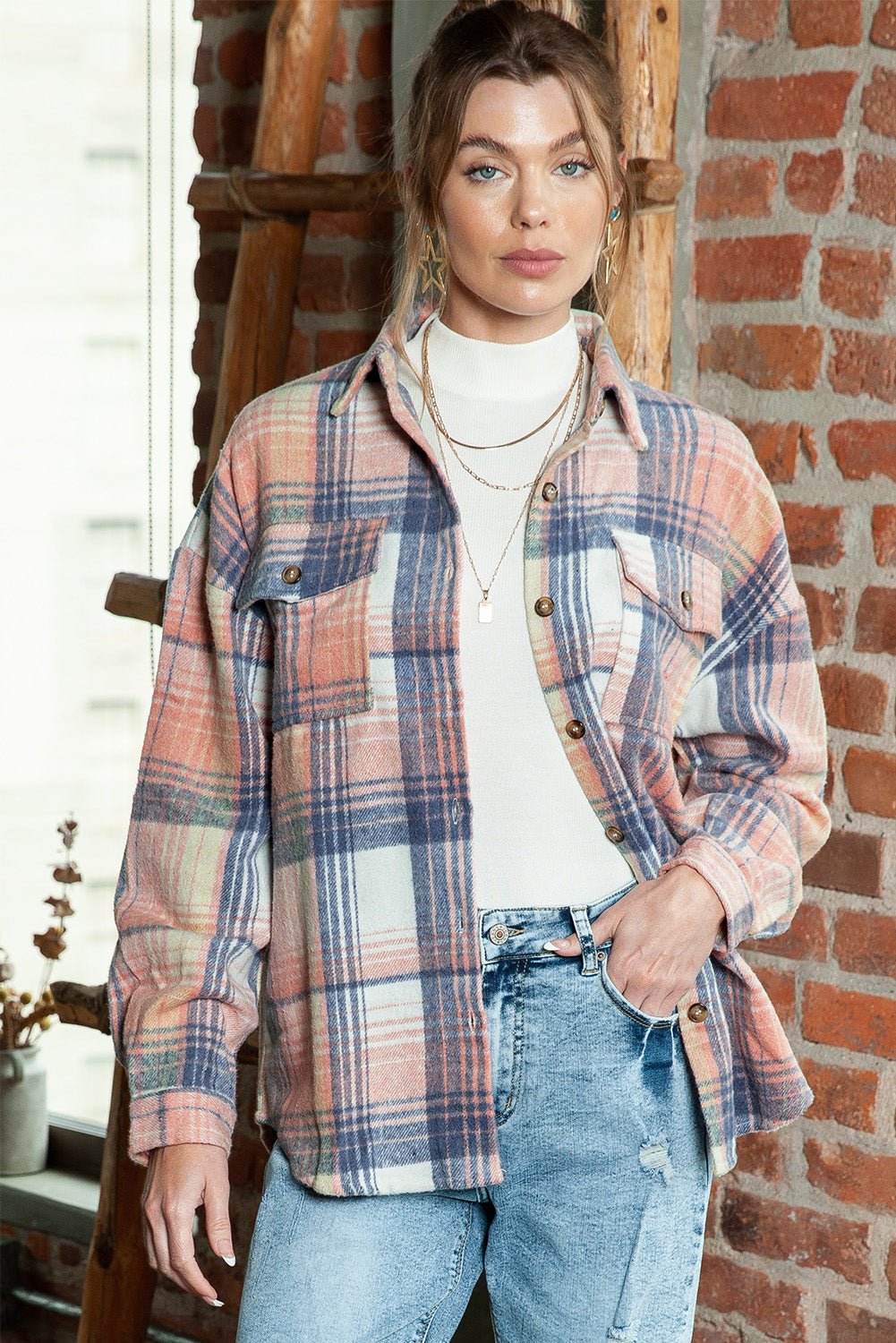 Pink & Grey Plaid Button Up Collared Flannel Shacket - MAD RUFFI