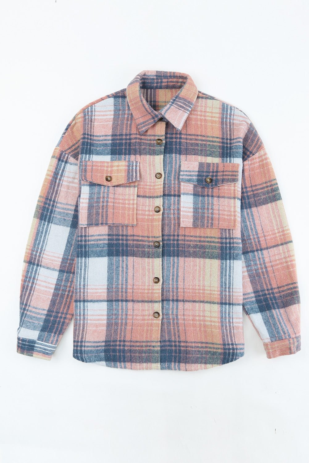 Pink & Grey Plaid Button Up Collared Flannel Shacket - MAD RUFFI